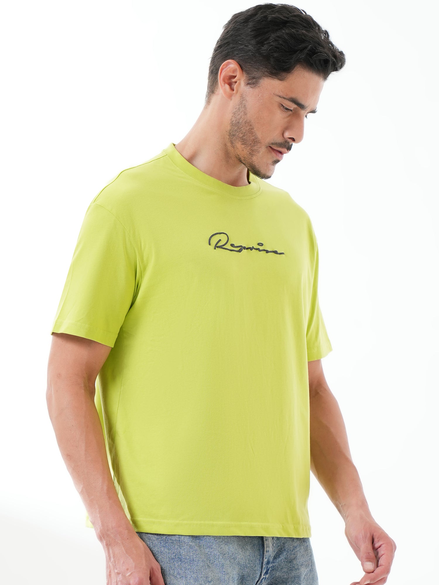 Men Oversized Printed Round Neck Drop Shoulder T-shirt Neon Green - Reprise