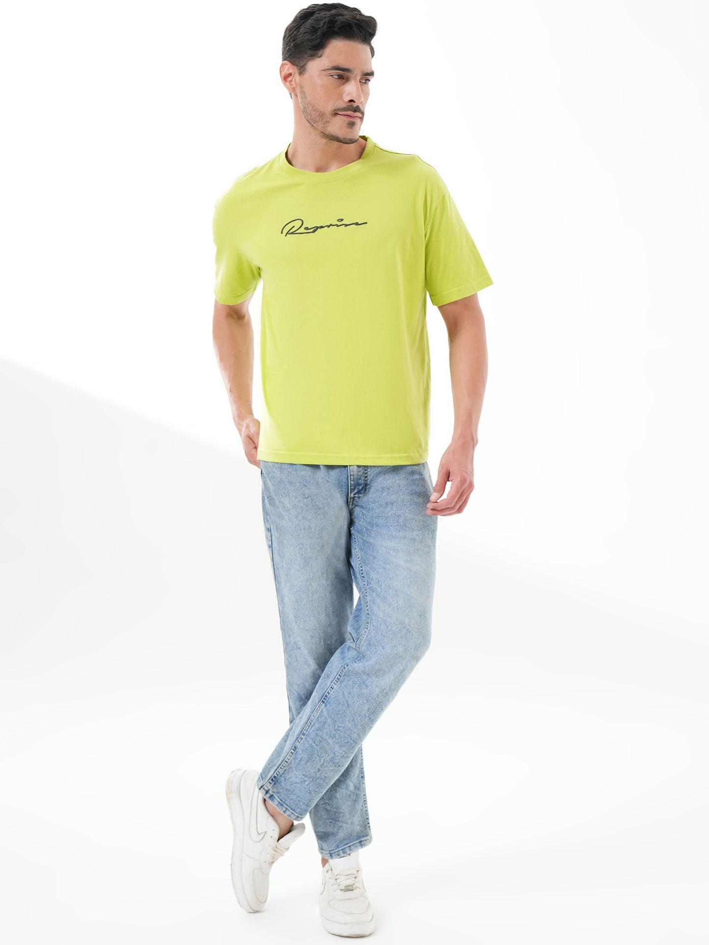 Men Oversized Printed Round Neck Drop Shoulder T-shirt Neon Green - Reprise