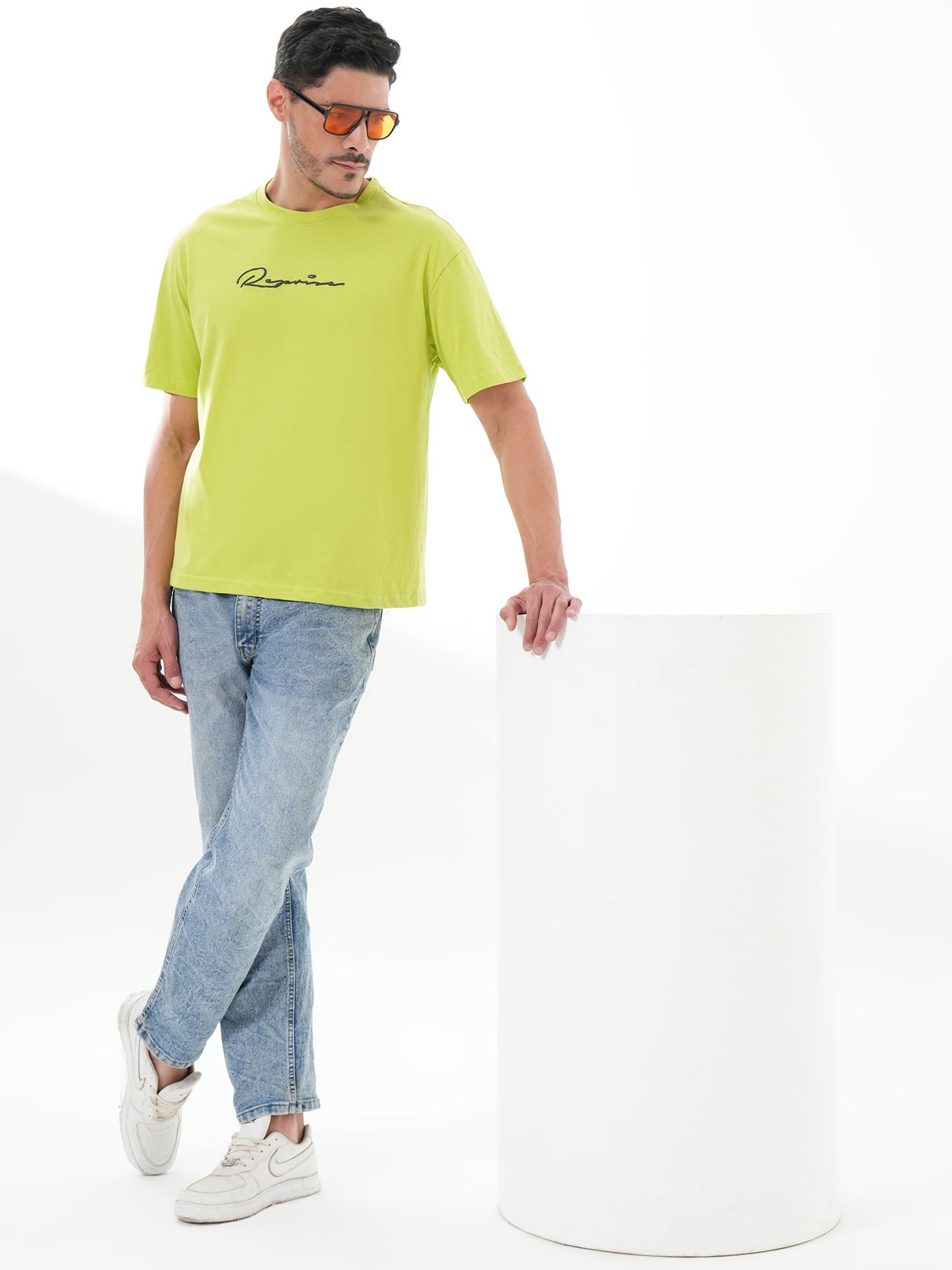 Men Oversized Printed Round Neck Drop Shoulder T-shirt Neon Green - Reprise