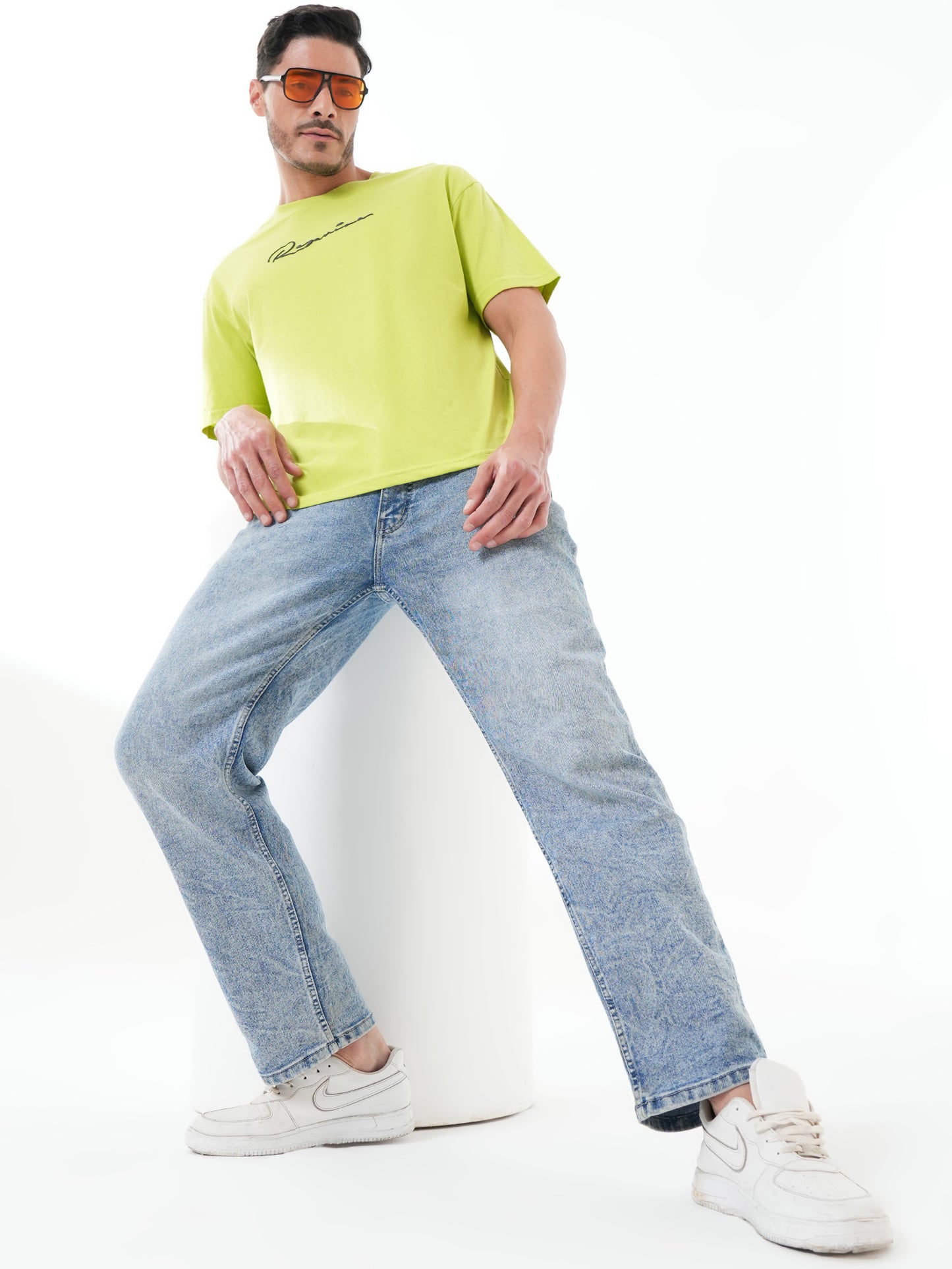 Men Oversized Printed Round Neck Drop Shoulder T-shirt Neon Green - Reprise