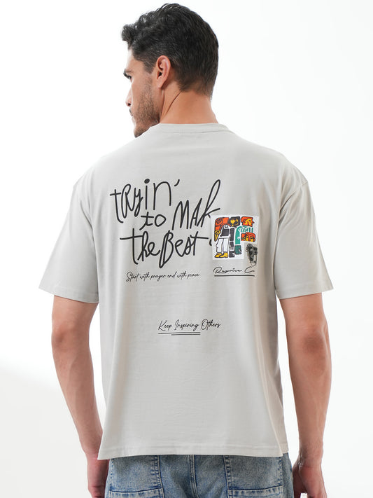 Men Oversized Printed Round Neck Drop Shoulder T-shirt Grey - Reprise