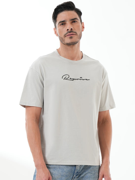 Men Oversized Printed Round Neck Drop Shoulder T-shirt Grey