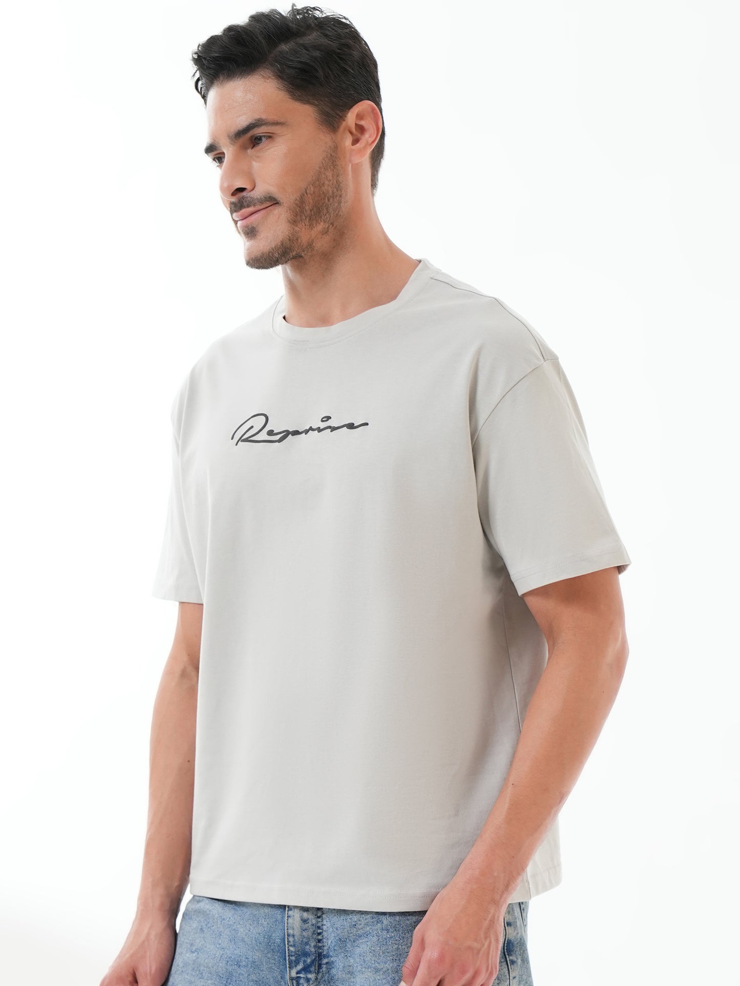 Men Oversized Printed Round Neck Drop Shoulder T-shirt Grey - Reprise