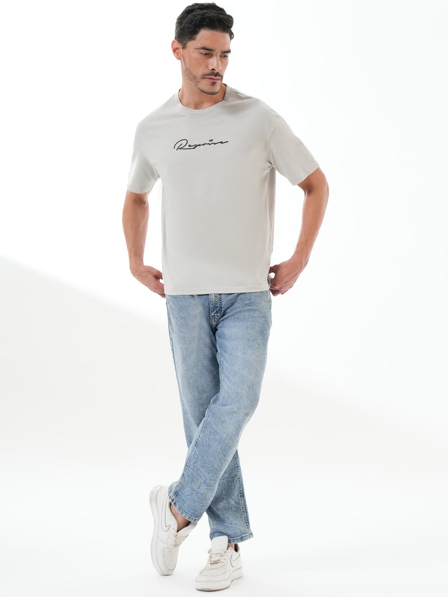 Men Oversized Printed Round Neck Drop Shoulder T-shirt Grey - Reprise