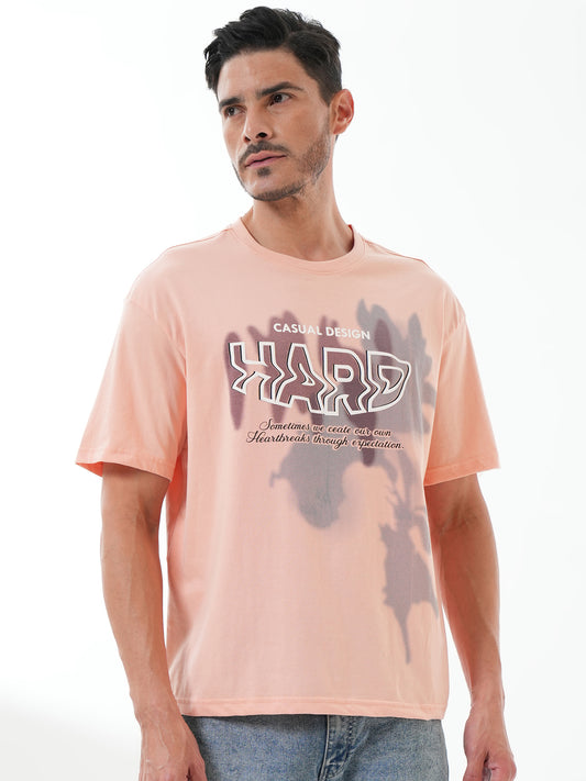 Men Oversize Printed Round Neck T-shirt Peach