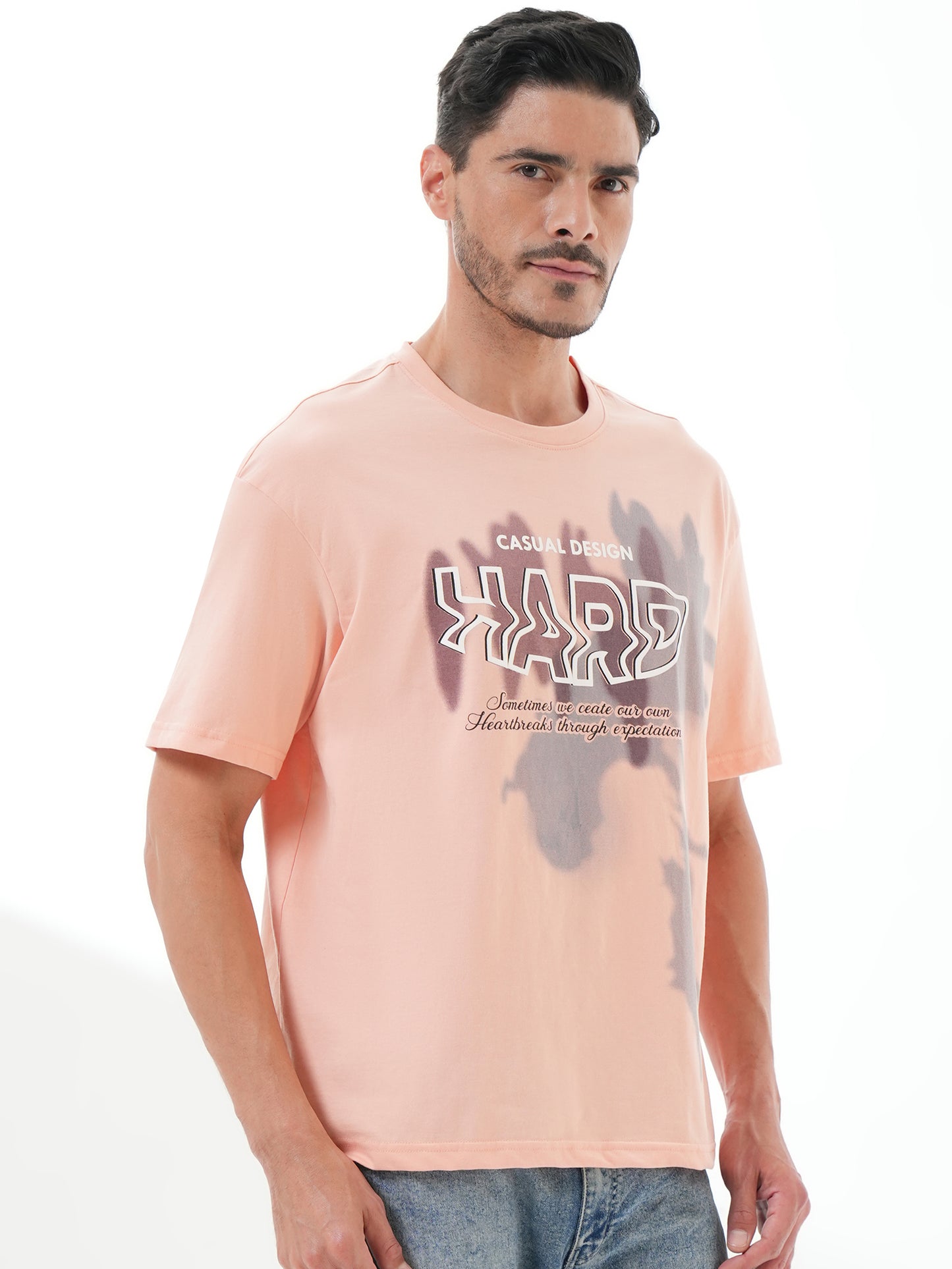 Men Oversize Printed Round Neck T-shirt Peach - Reprise