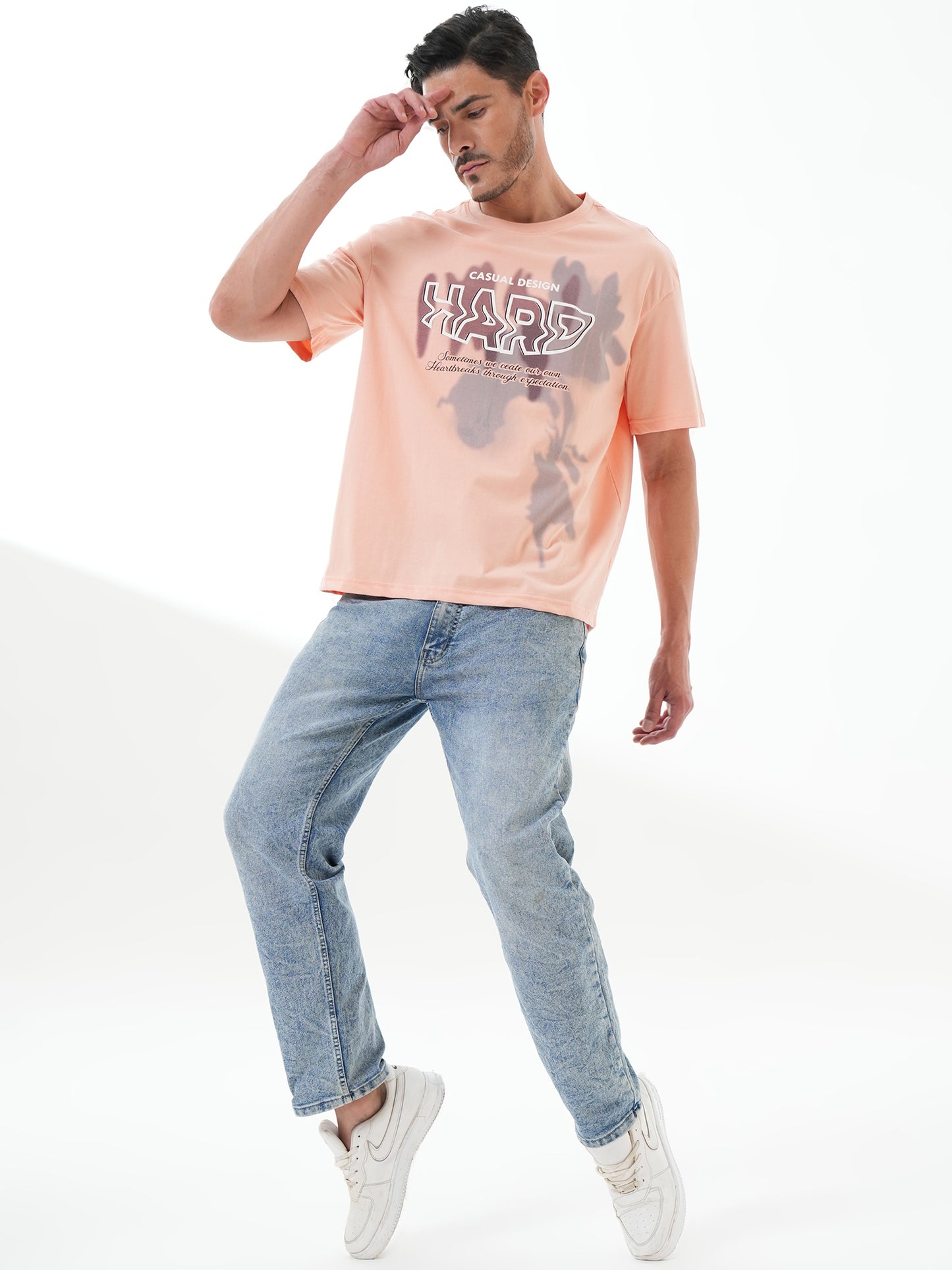 Men Oversize Printed Round Neck T-shirt Peach - Reprise