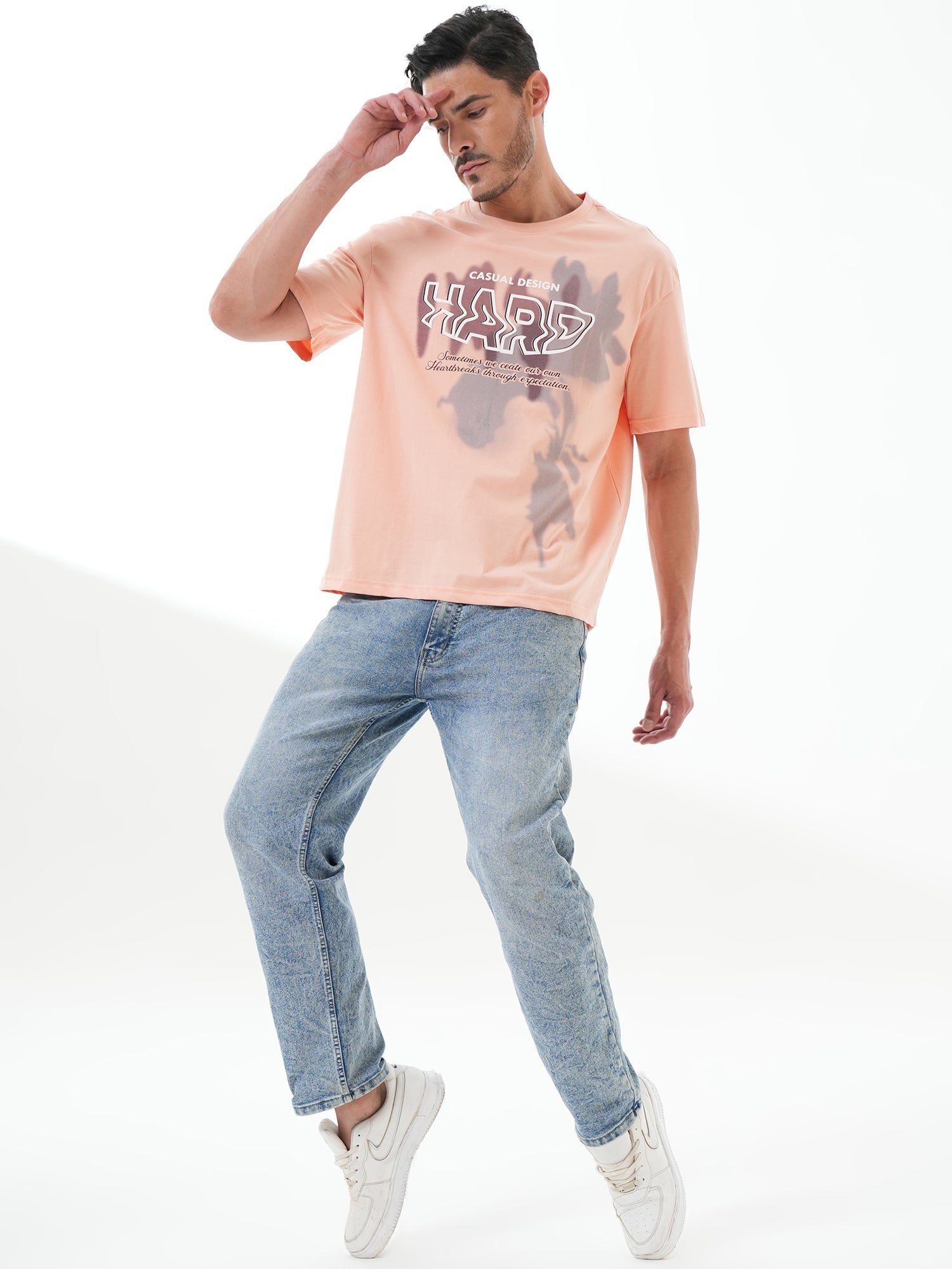 Men Oversize Printed Round Neck T-shirt Peach - Reprise