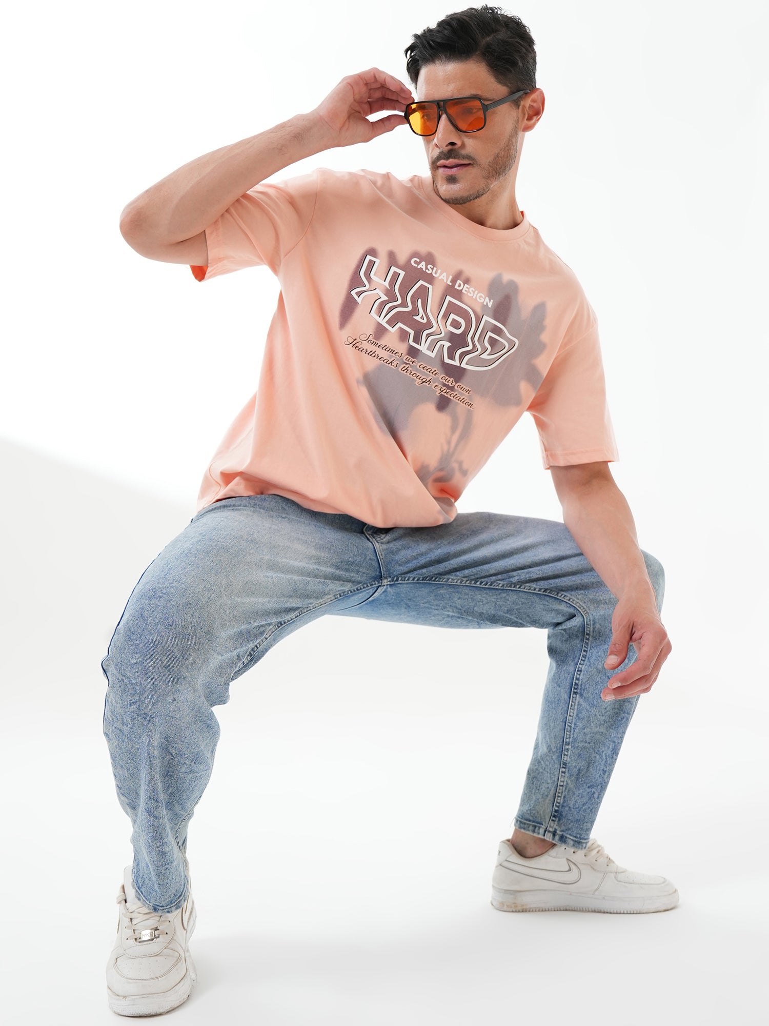 Men Oversize Printed Round Neck T-shirt Peach - Reprise