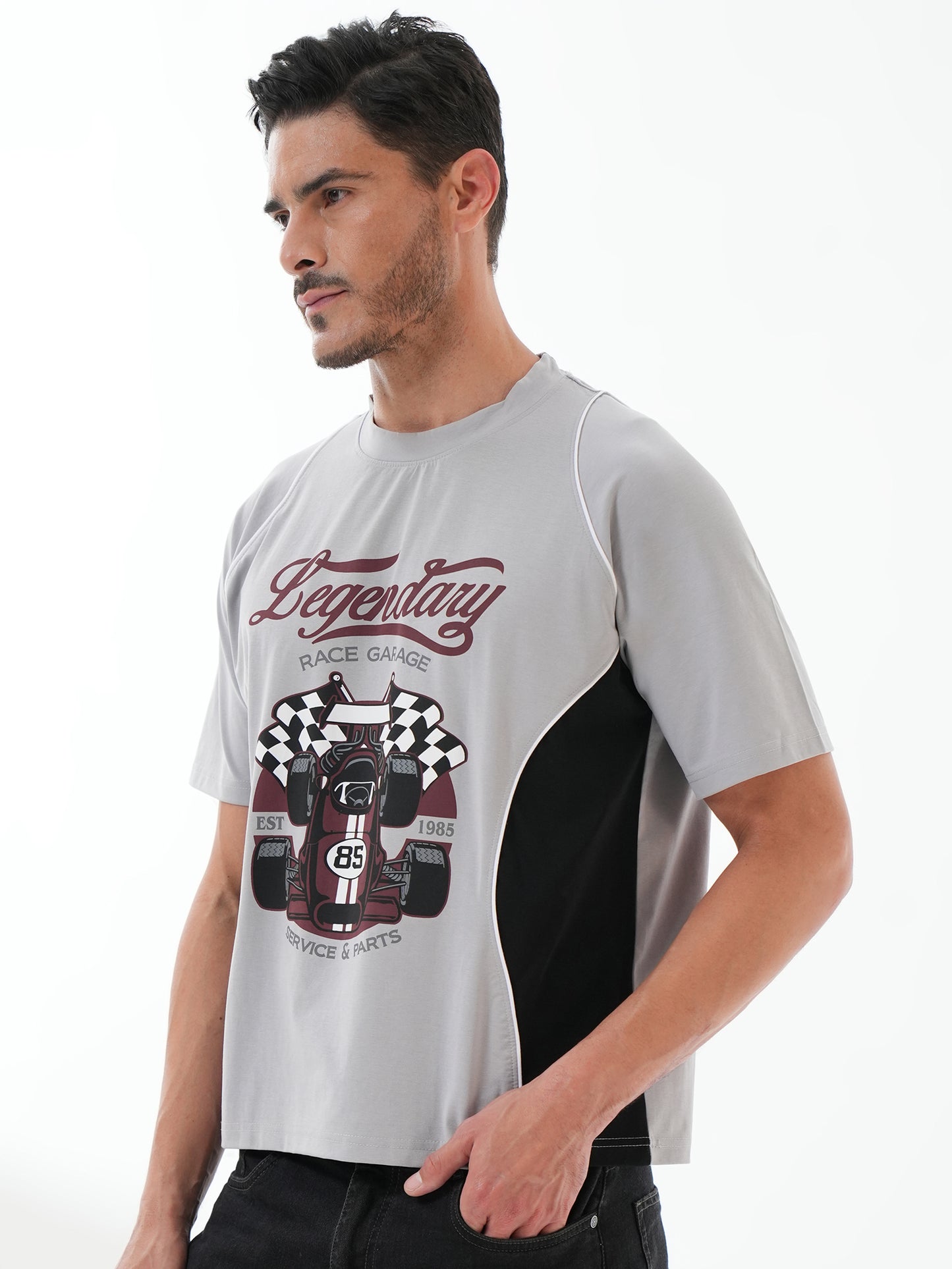 Men Oversized Printed Round Neck Drop Shoulder T-shirt Grey - Reprise