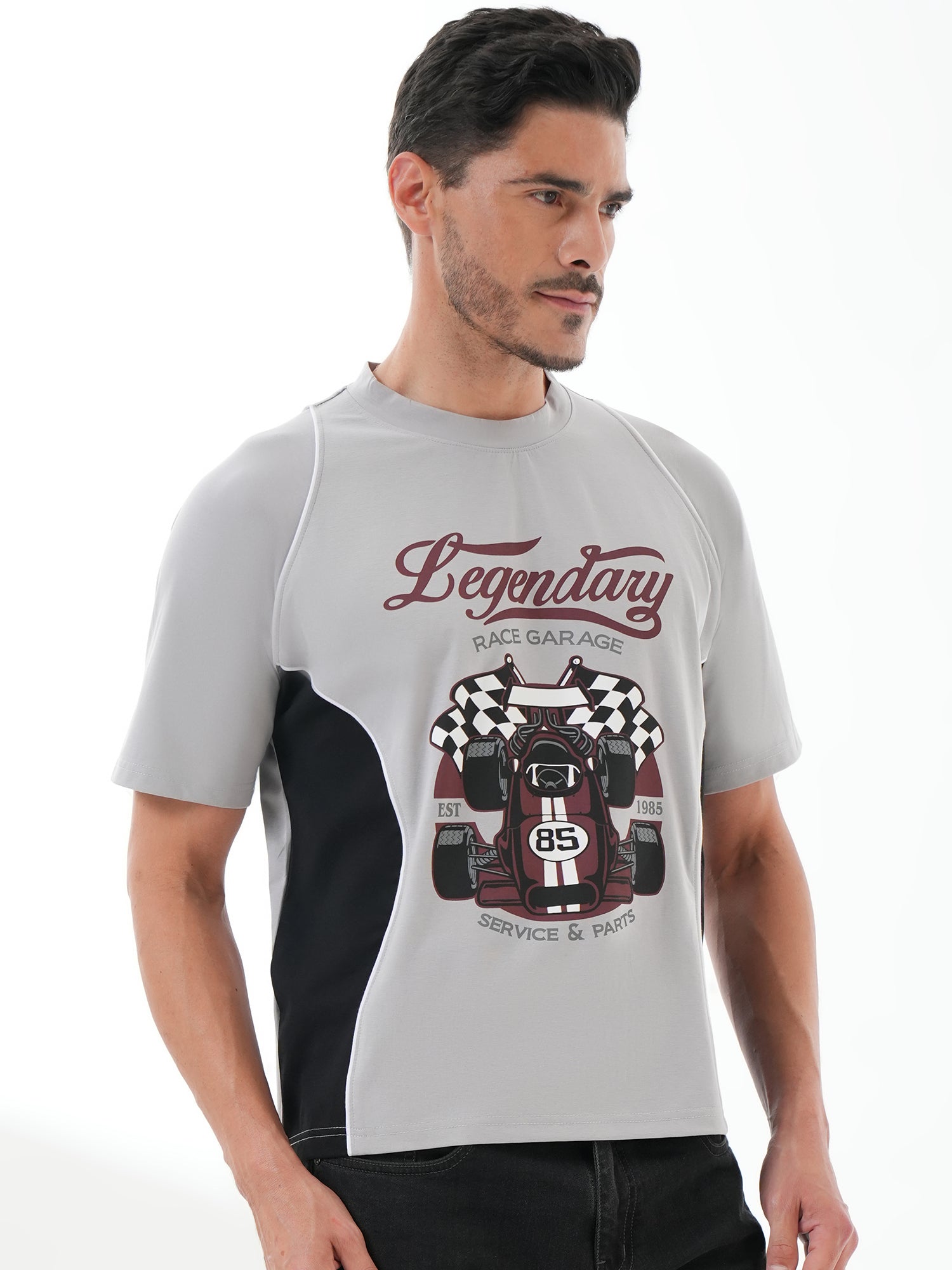 Men Oversized Printed Round Neck Drop Shoulder T-shirt Grey - Reprise