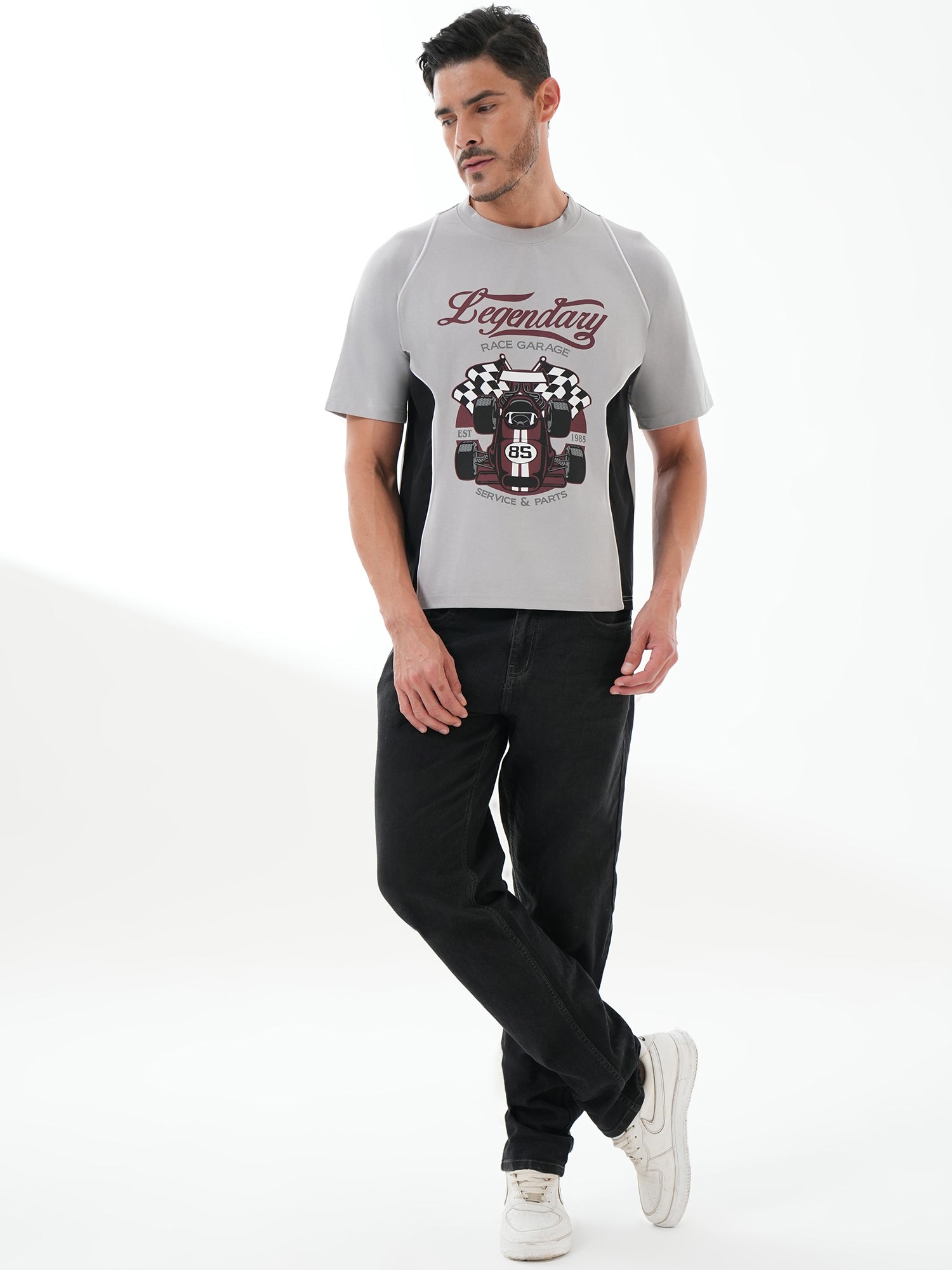 Men Oversized Printed Round Neck Drop Shoulder T-shirt Grey - Reprise