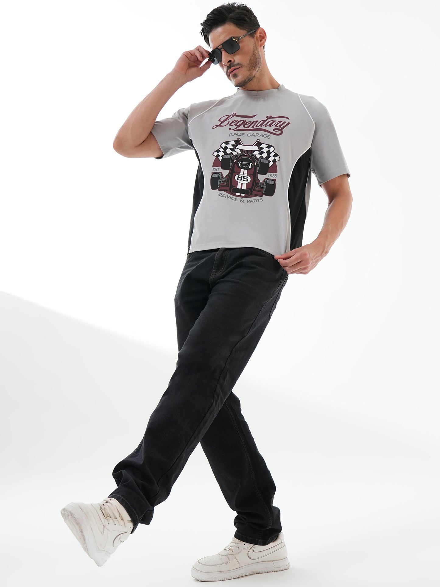Men Oversized Printed Round Neck Drop Shoulder T-shirt Grey - Reprise