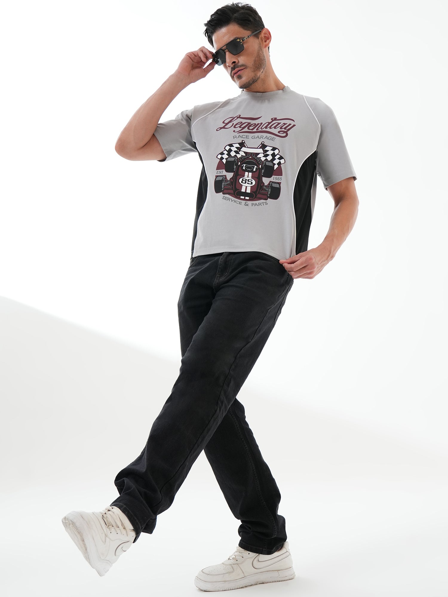 Men Oversized Printed Round Neck Drop Shoulder T-shirt Grey - Reprise