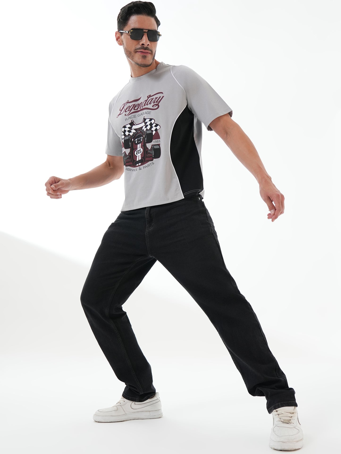 Men Oversized Printed Round Neck Drop Shoulder T-shirt Grey - Reprise