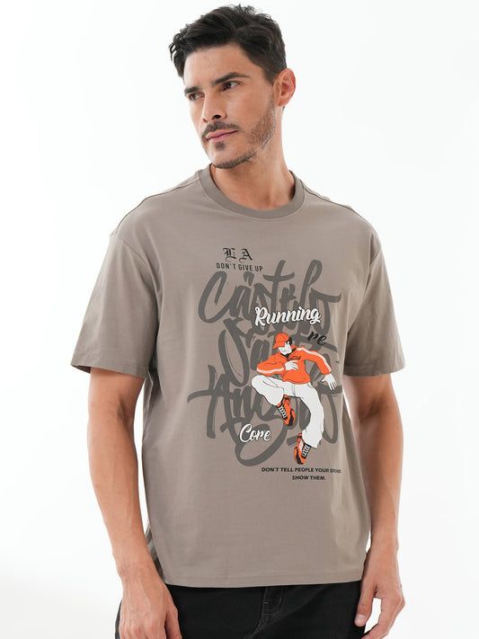 Men Oversize Printed Round Neck T-shirt Grey