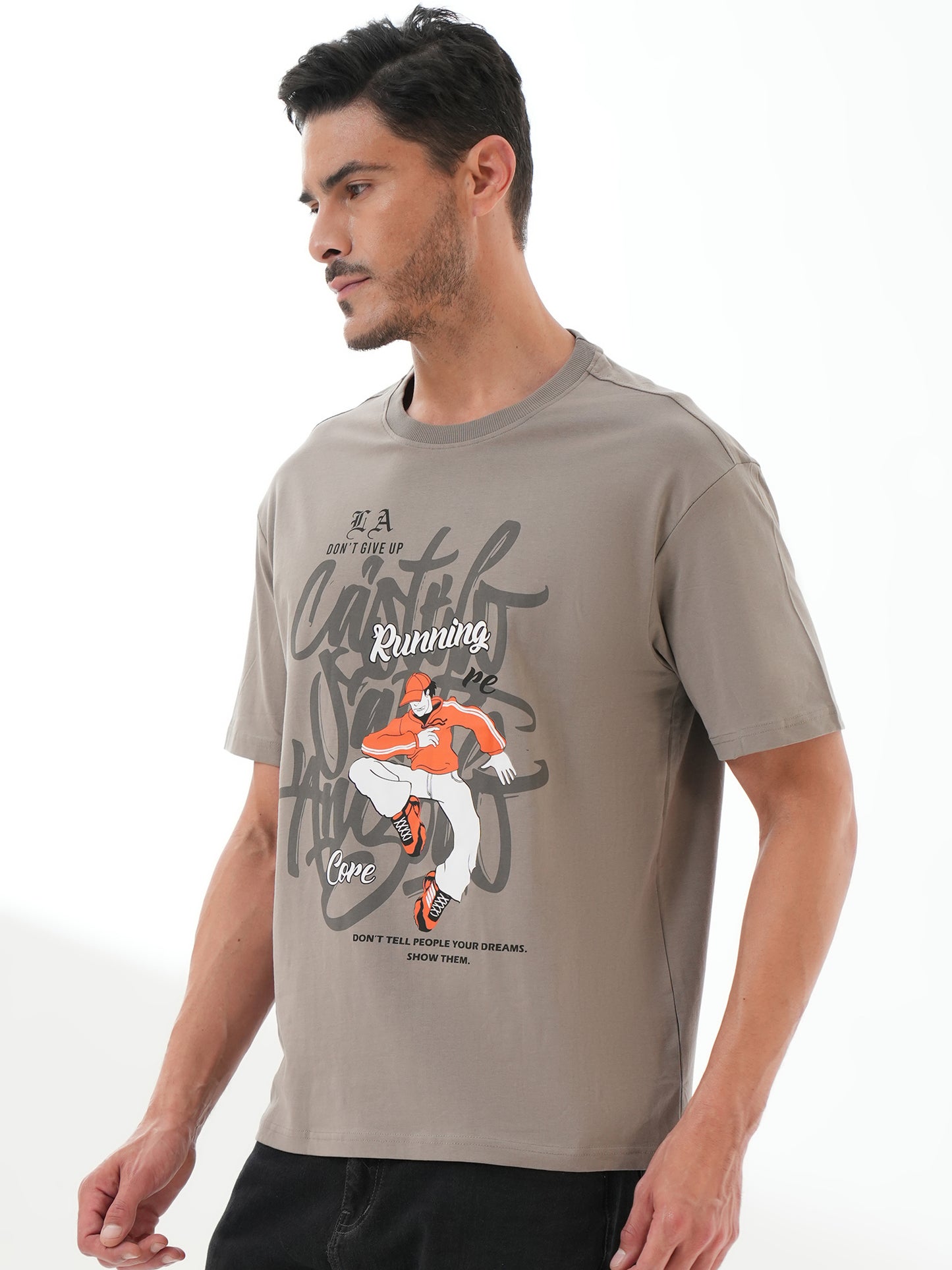 Men Oversize Printed Round Neck T-shirt Grey