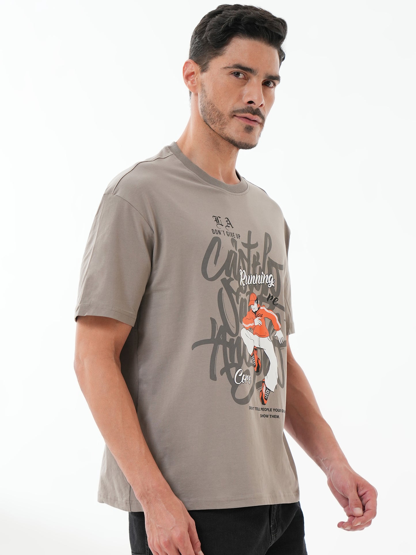 Men Oversize Printed Round Neck T-shirt Grey