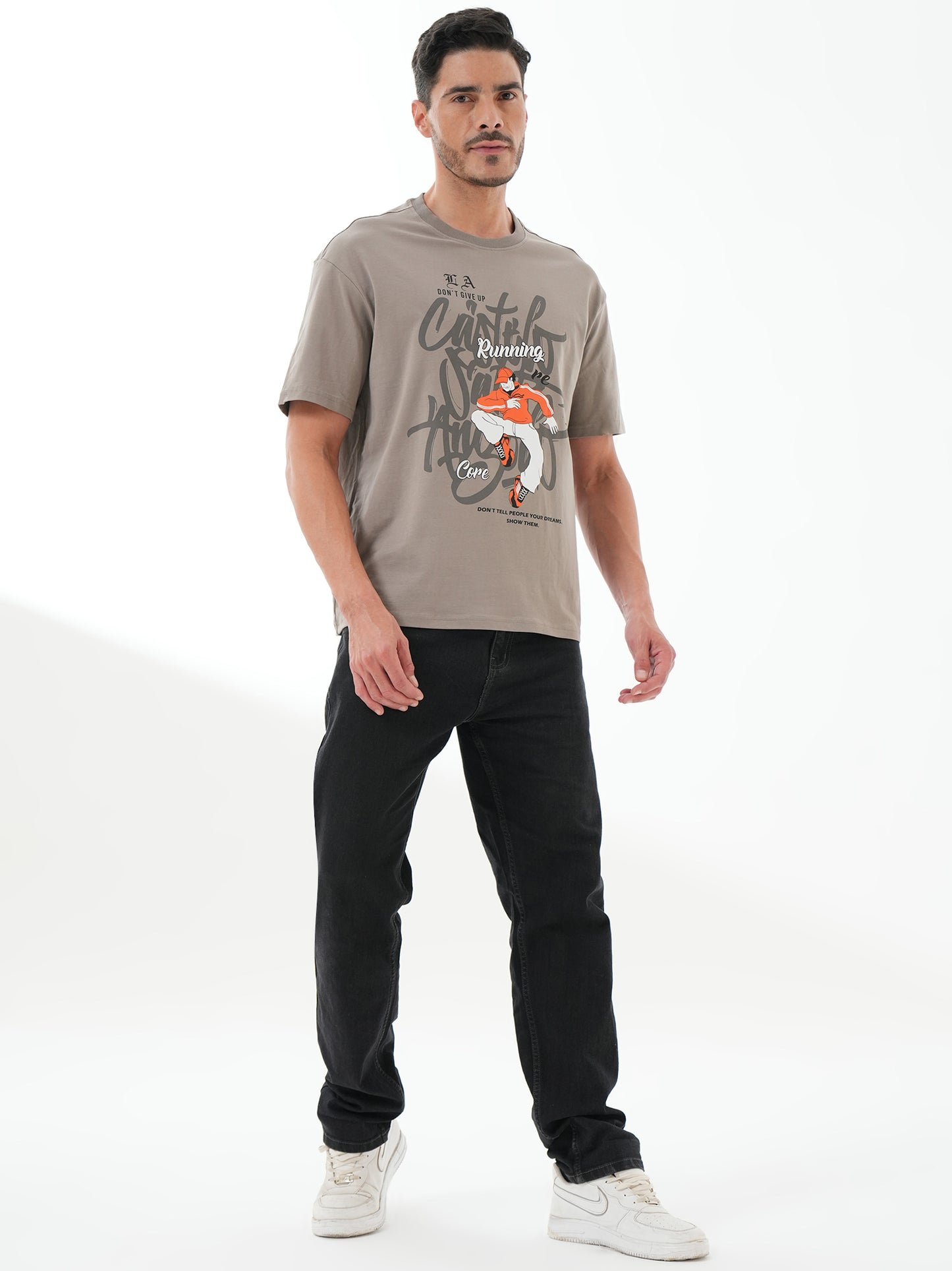 Men Oversize Printed Round Neck T-shirt Grey