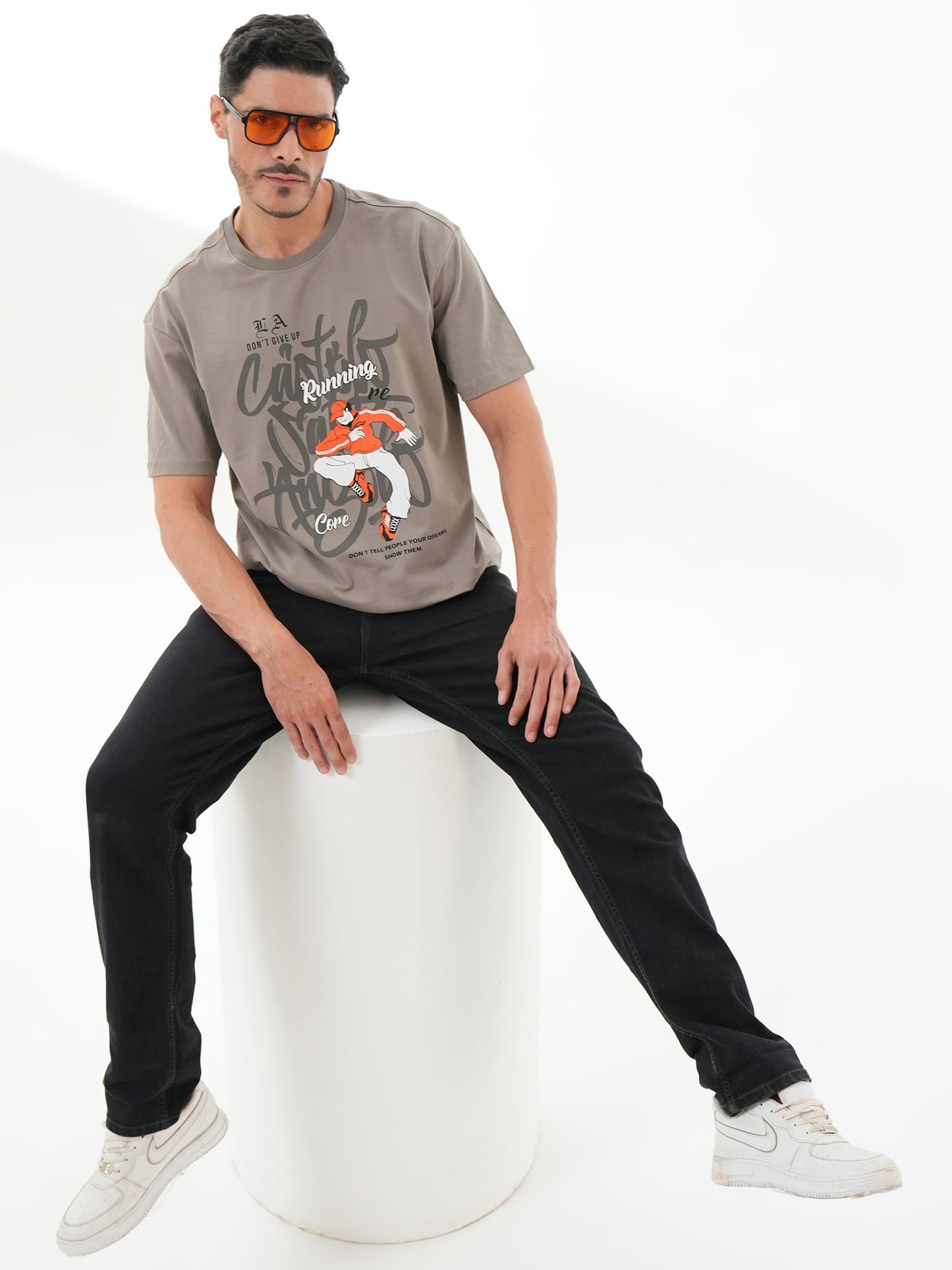 Men Oversize Printed Round Neck T-shirt Grey