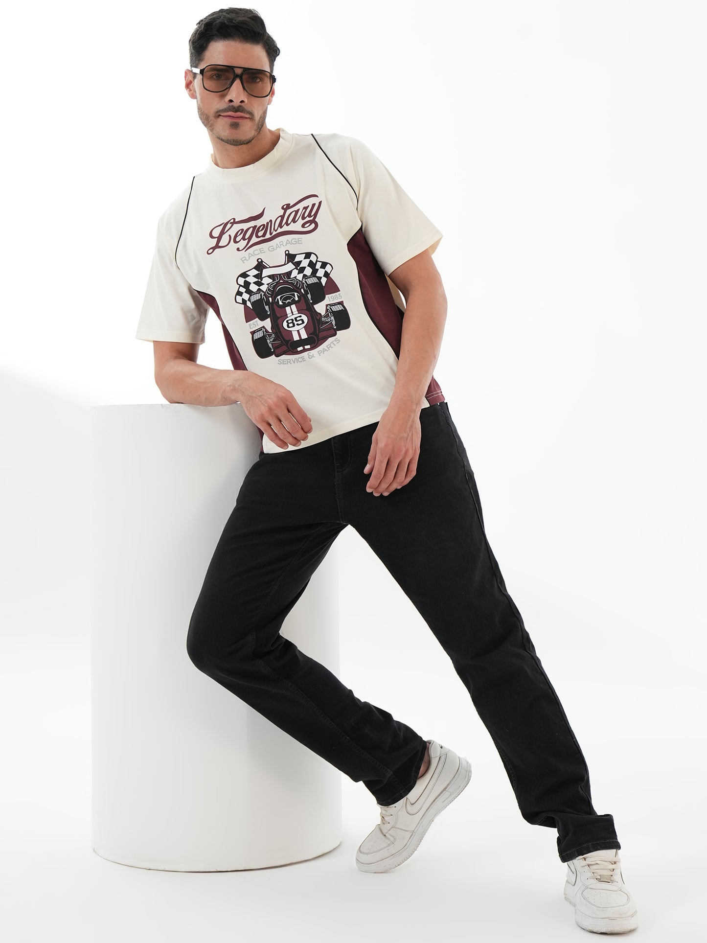 Men Oversized Printed Round Neck Drop Shoulder T-shirt White - Reprise