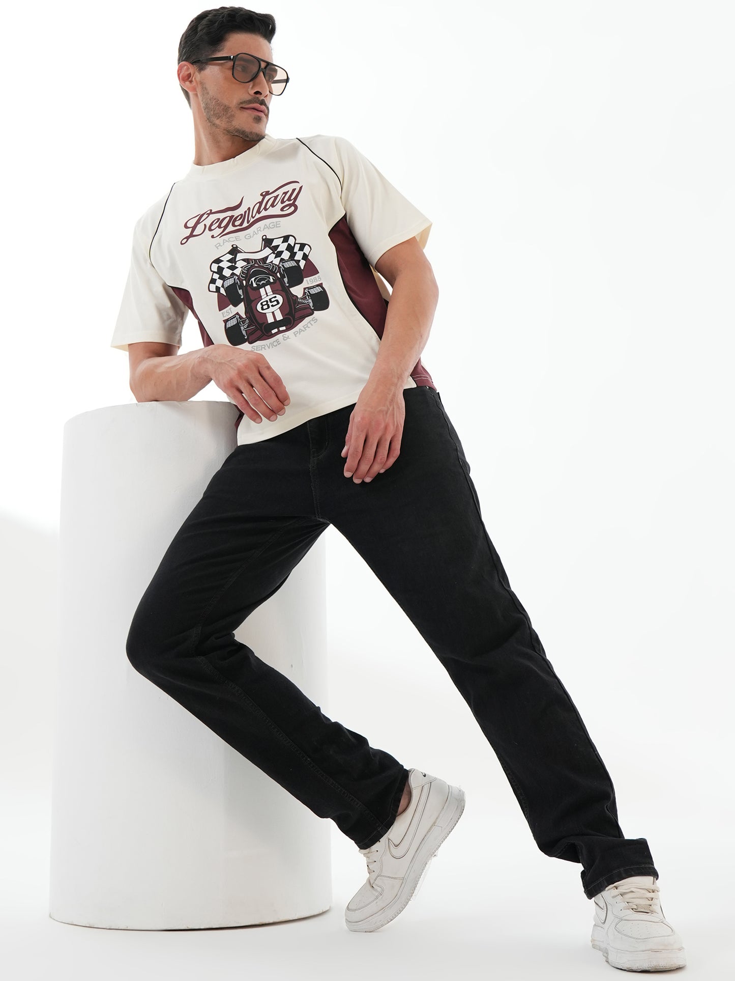 Men Oversized Printed Round Neck Drop Shoulder T-shirt White - Reprise
