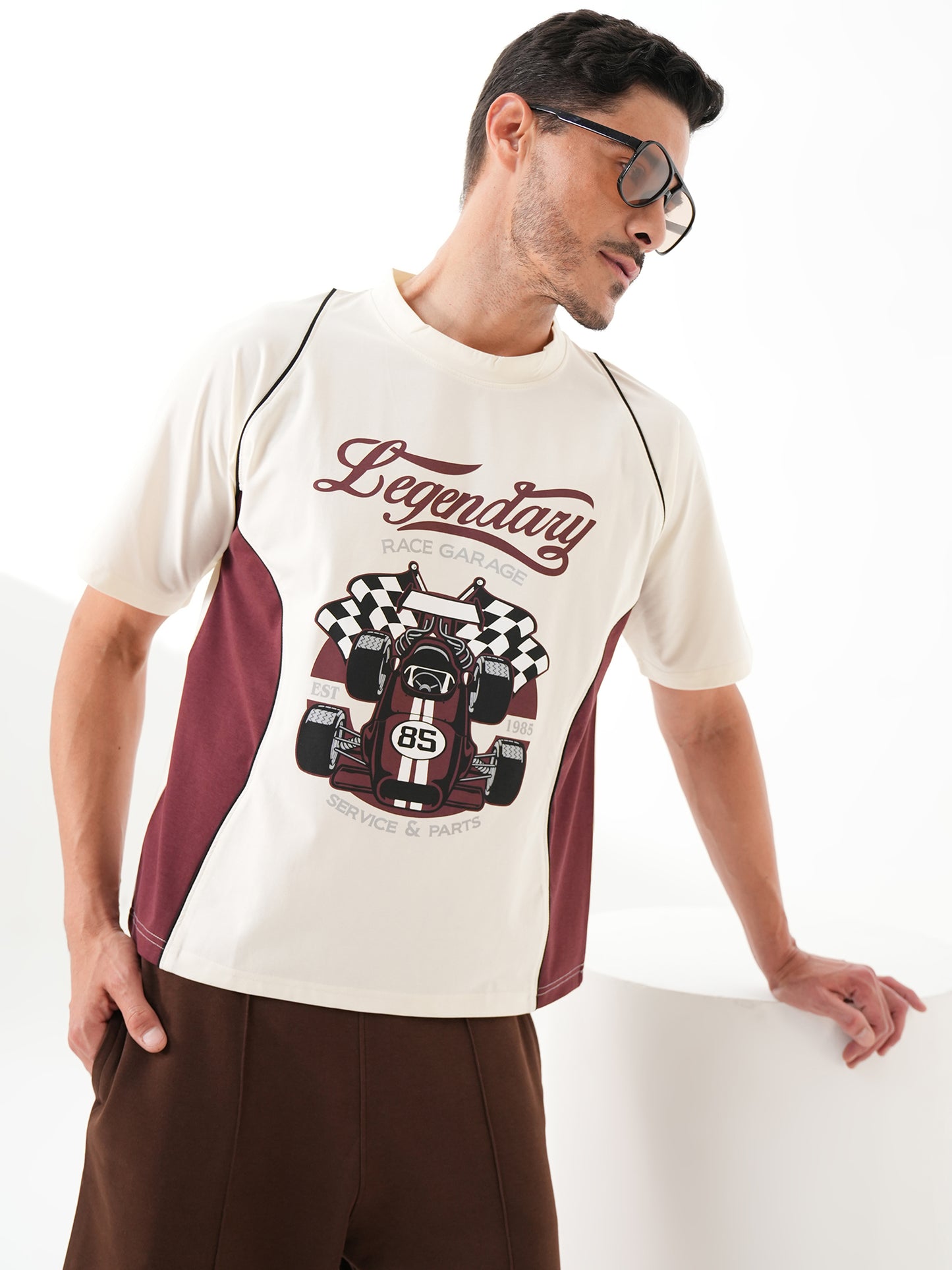 Men Oversized Printed Round Neck Drop Shoulder T-shirt White - Reprise
