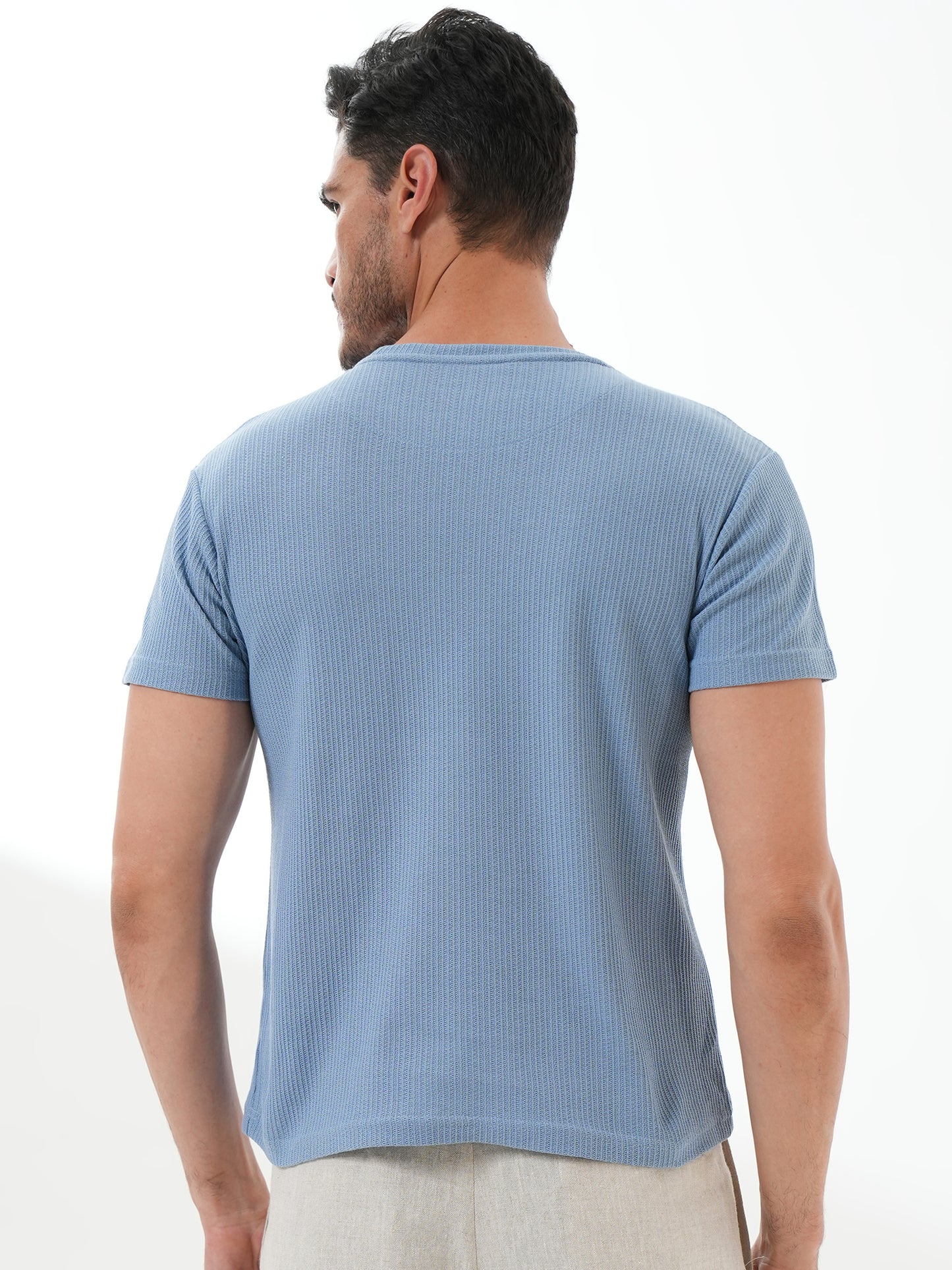 Men Solid Round Neck T-shirt Sky Blue