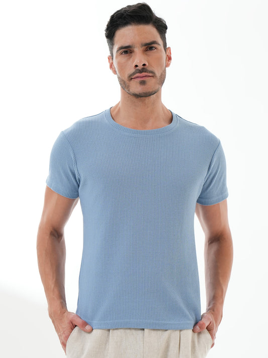 Men Solid Round Neck T-shirt Sky Blue