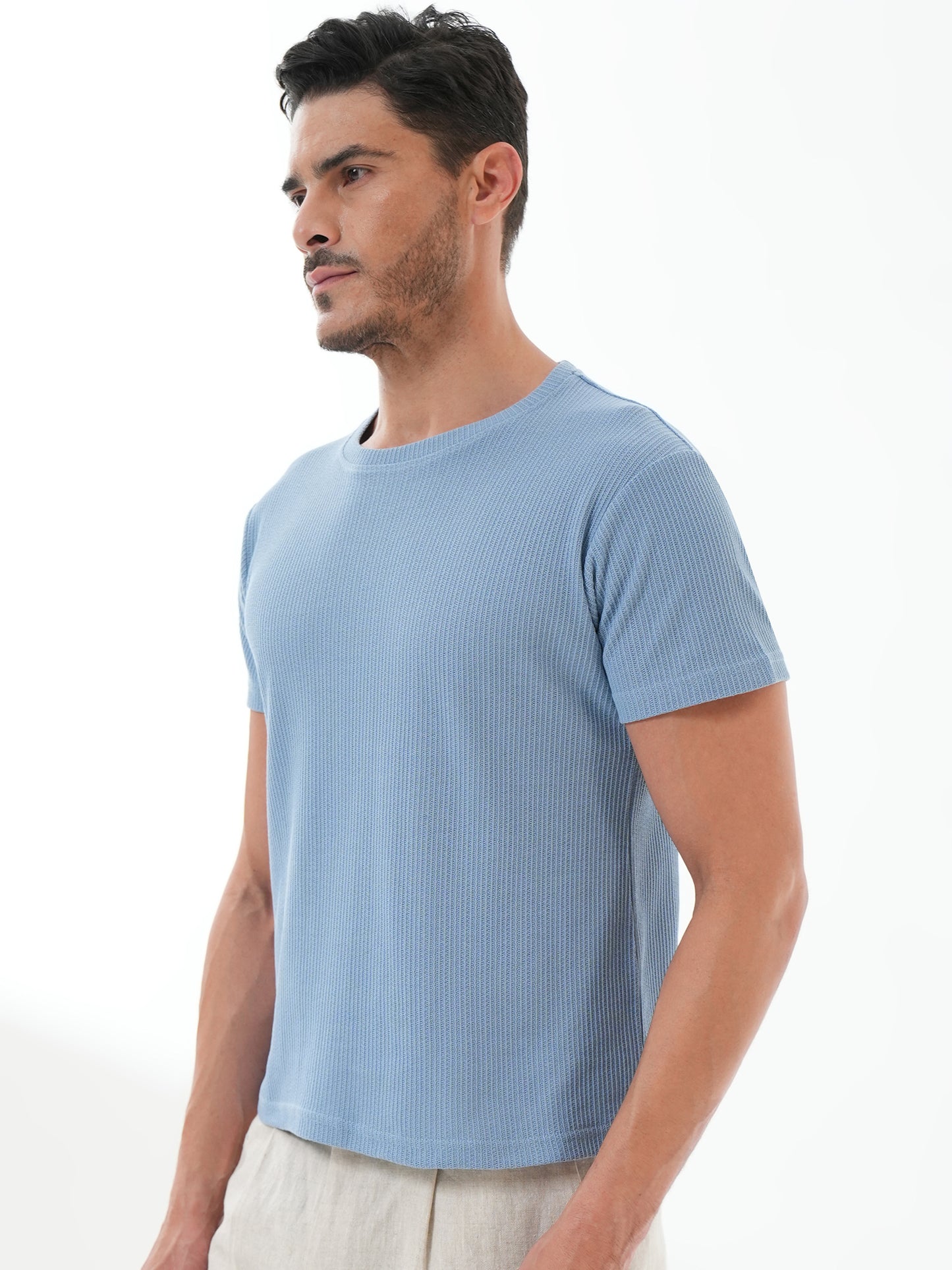 Men Solid Round Neck T-shirt Sky Blue