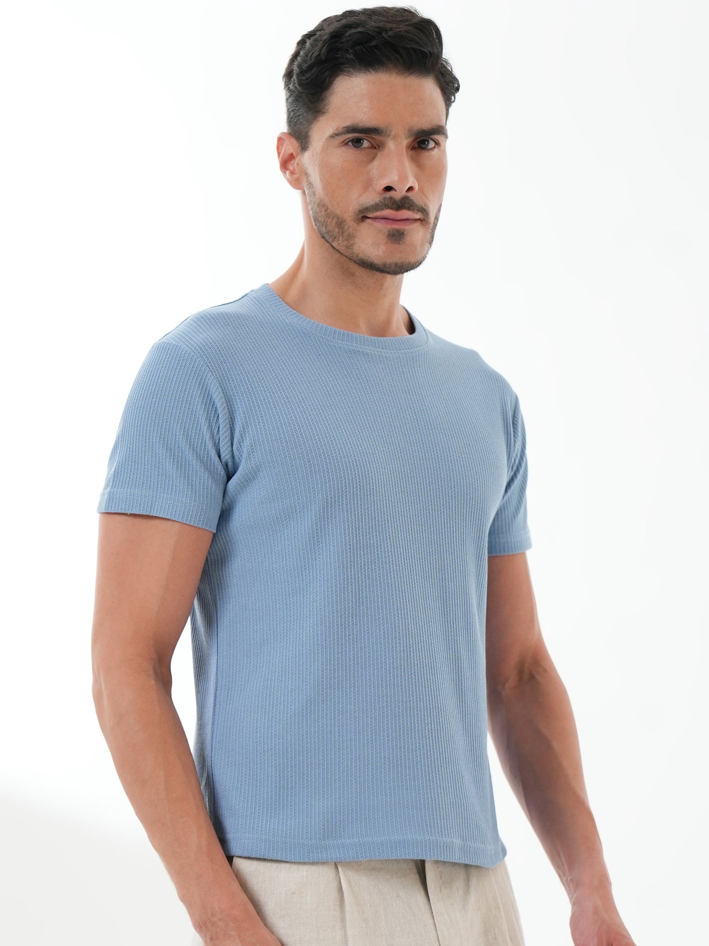 Men Solid Round Neck T-shirt Sky Blue