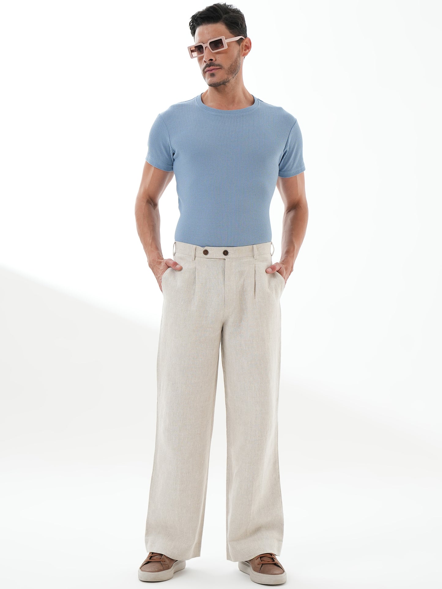 Men Solid Round Neck T-shirt Sky Blue