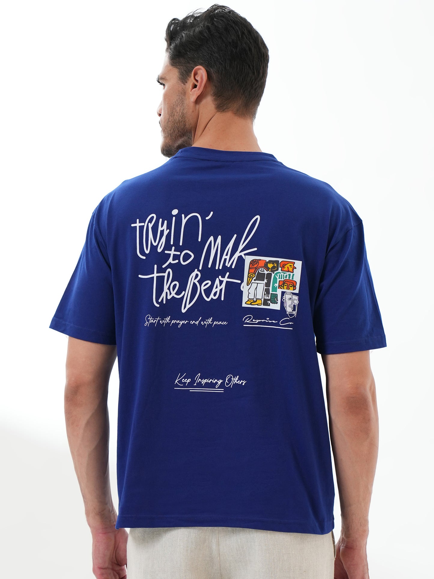 Men Oversized Printed Round Neck Drop Shoulder T-shirt Blue - Reprise