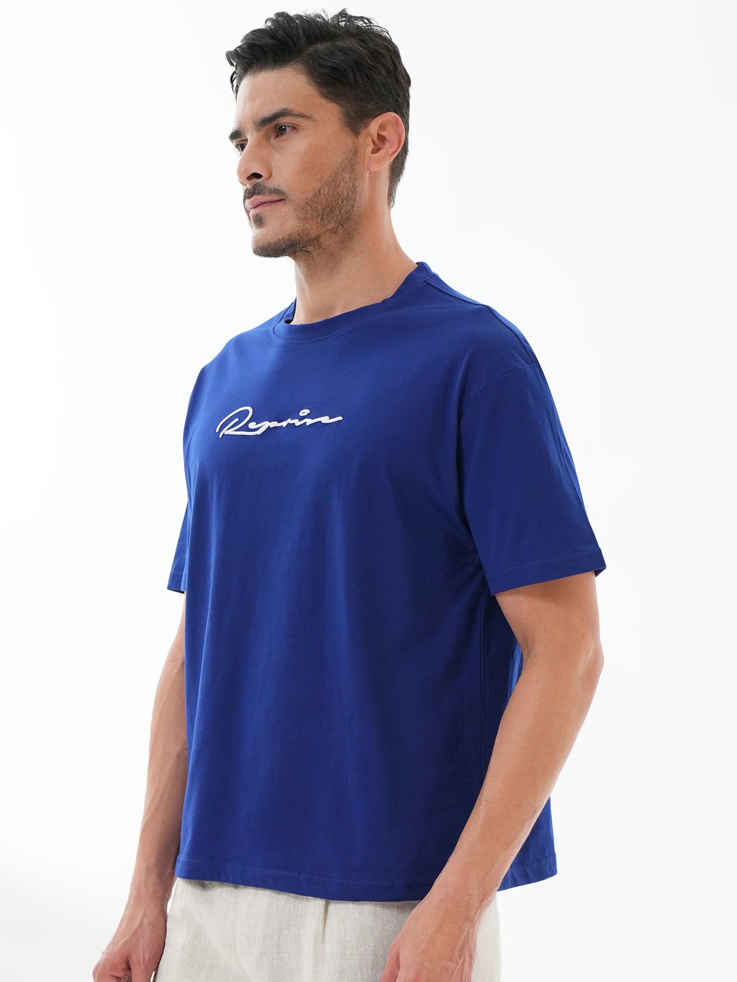 Men Oversized Printed Round Neck Drop Shoulder T-shirt Blue - Reprise