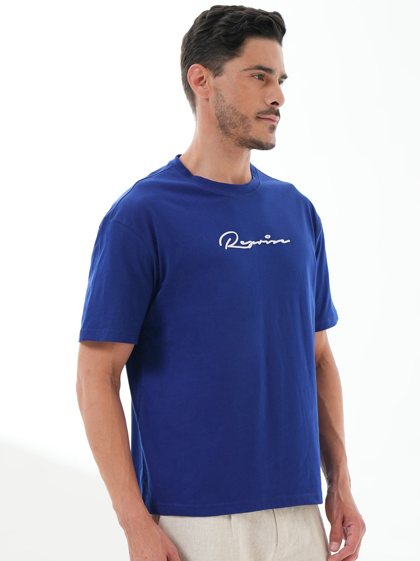 Men Oversized Printed Round Neck Drop Shoulder T-shirt Blue - Reprise