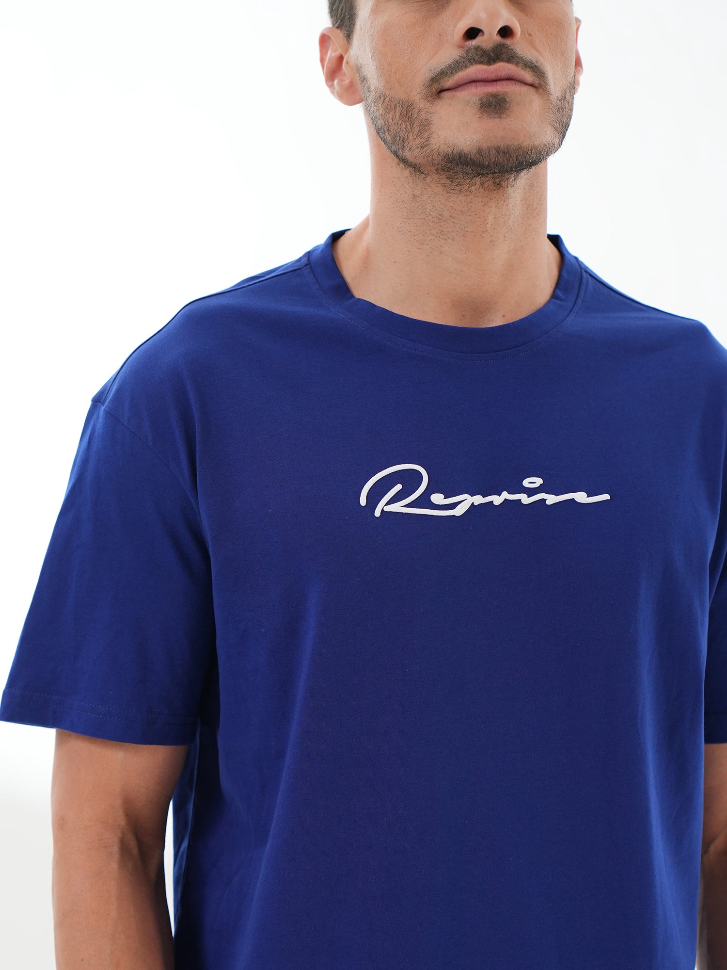 Men Oversized Printed Round Neck Drop Shoulder T-shirt Blue - Reprise