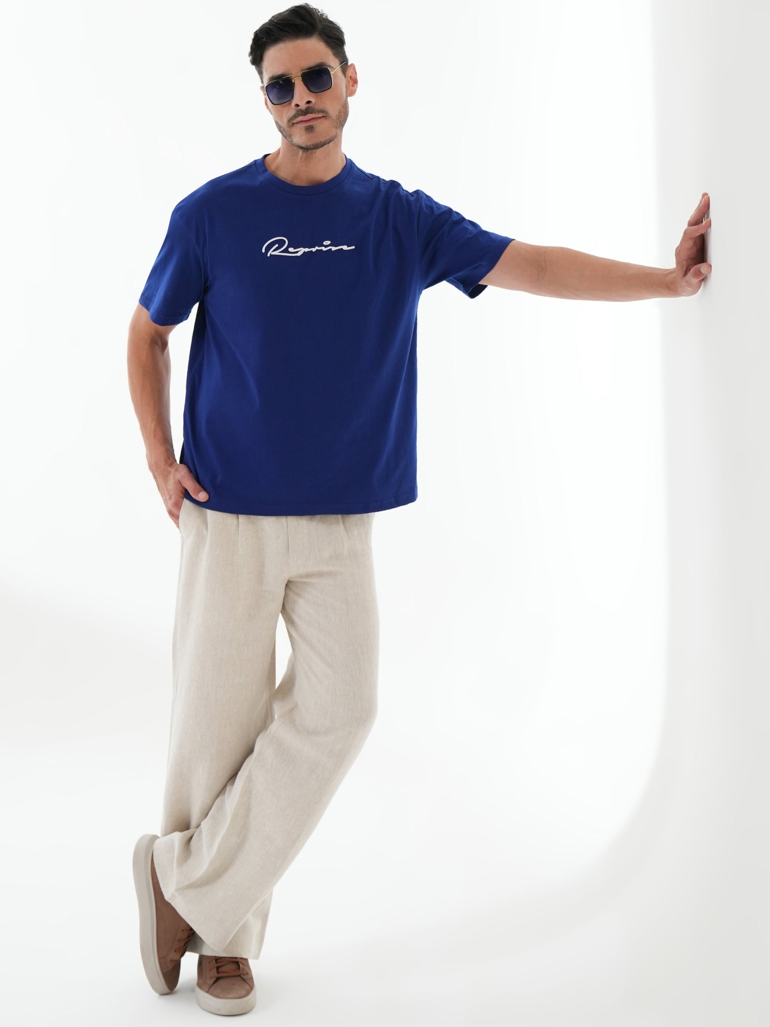 Men Oversized Printed Round Neck Drop Shoulder T-shirt Blue - Reprise