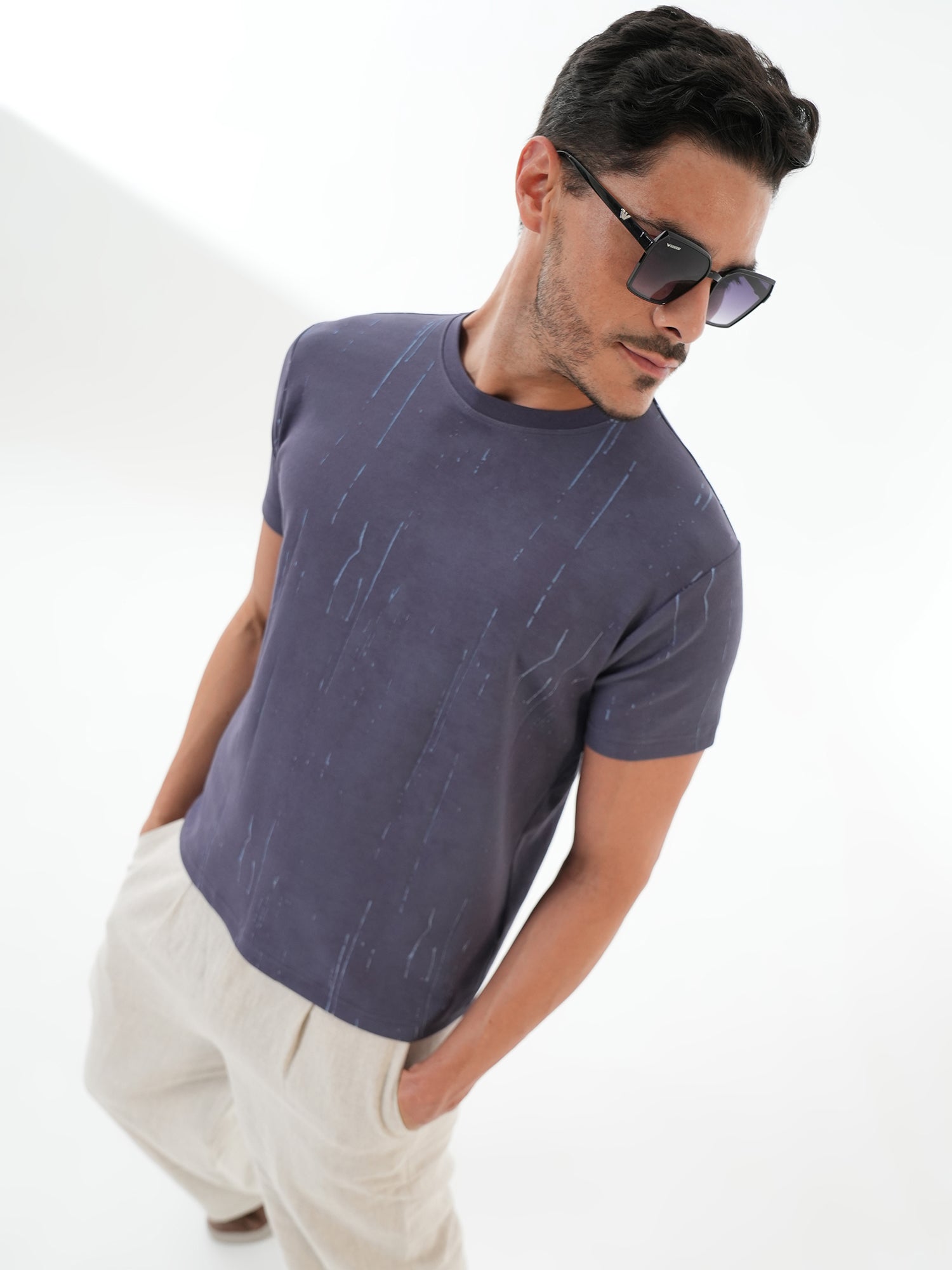 Men Textured Round Neck T-shirt Blue - Reprise