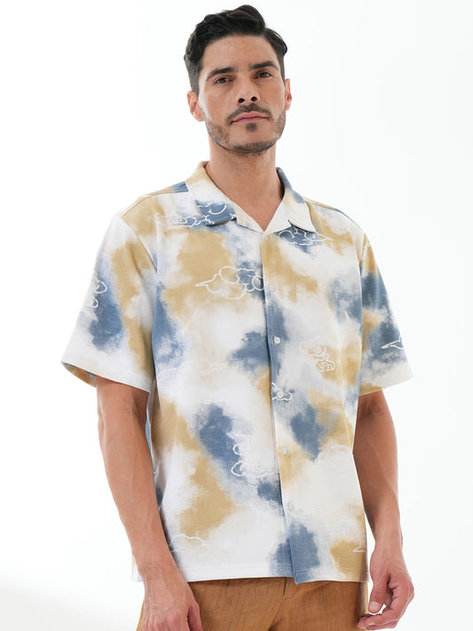 Men Self Design Printed Half Sleeve Shirt Blue - Reprise