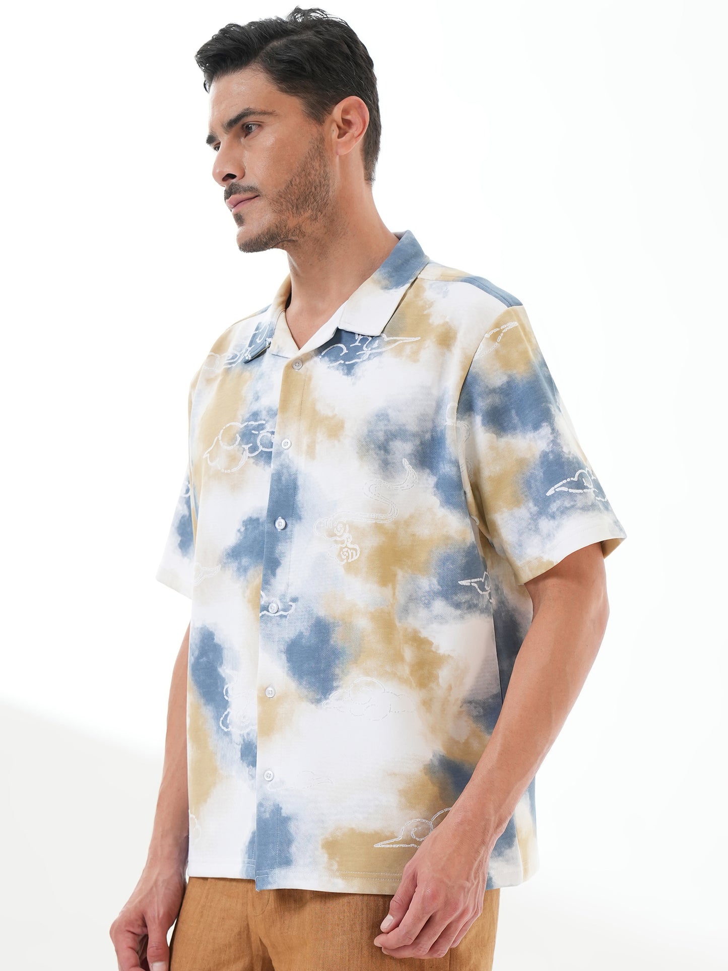 Men Self Design Printed Half Sleeve Shirt Blue - Reprise
