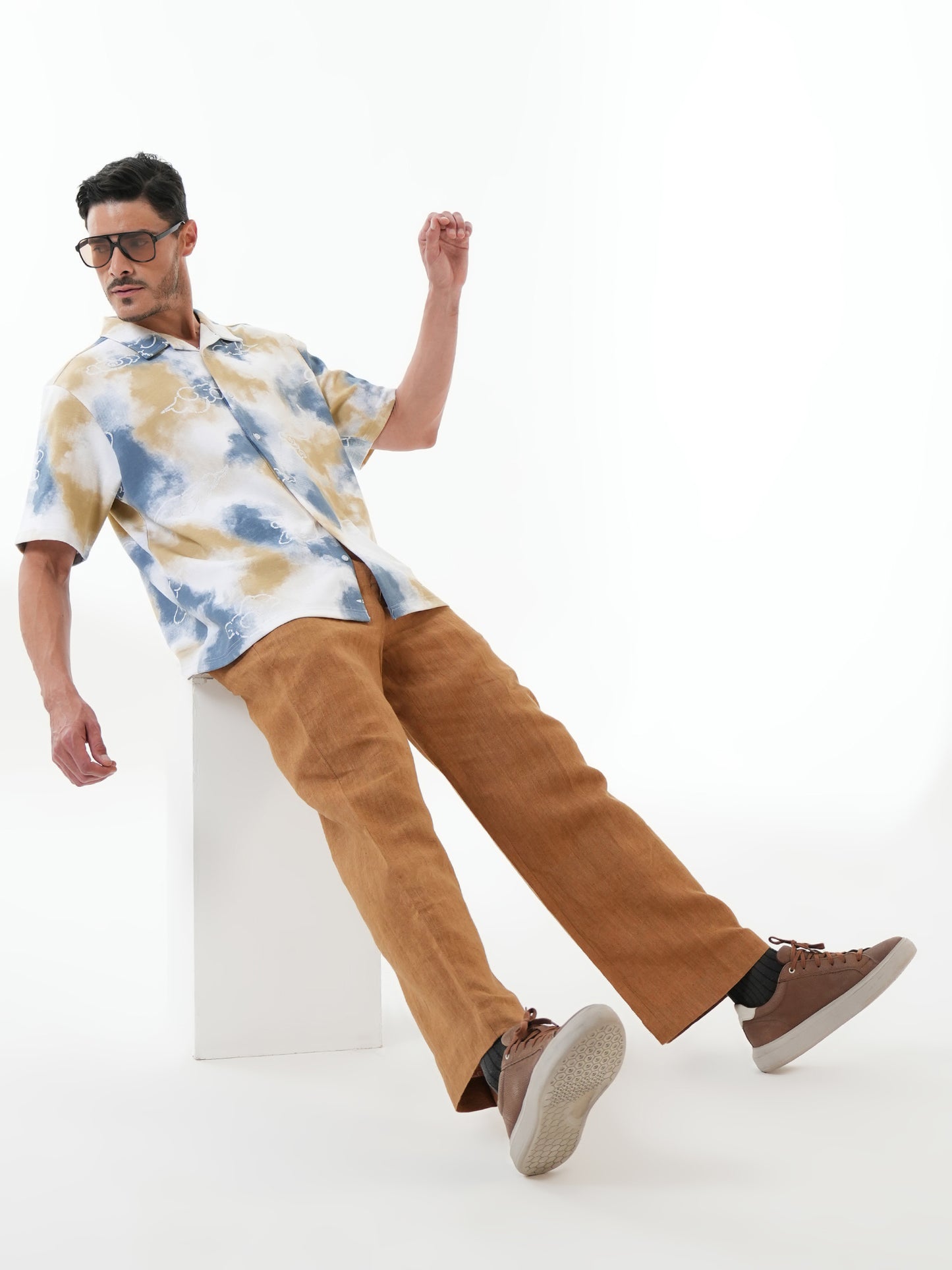 Men Self Design Printed Half Sleeve Shirt Blue - Reprise