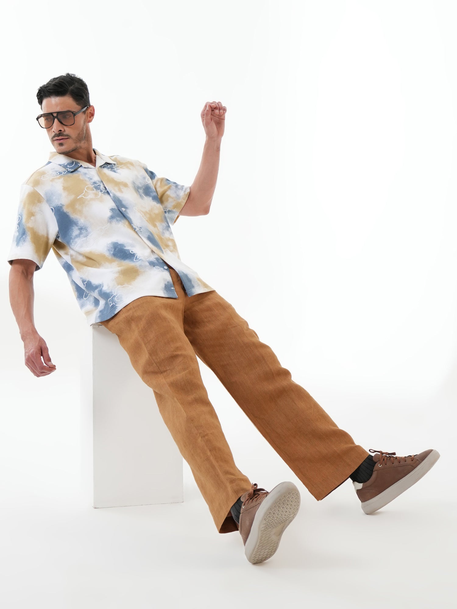 Men Self Design Printed Half Sleeve Shirt Blue - Reprise