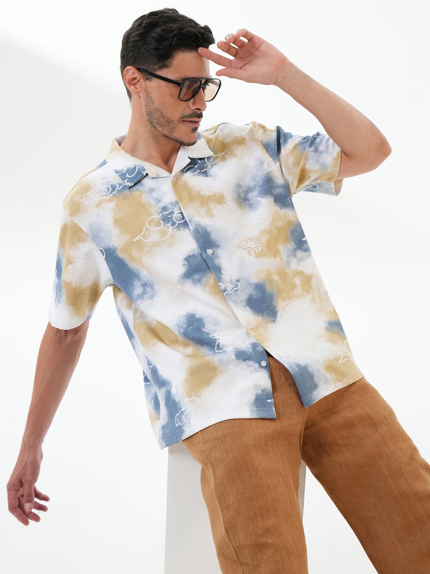 Men Self Design Printed Half Sleeve Shirt Blue - Reprise