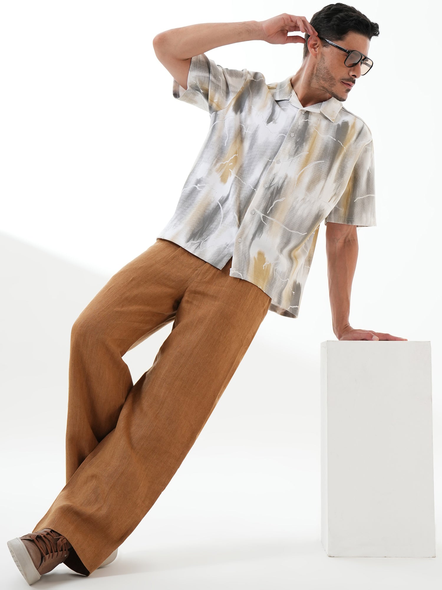Men Self Design Printed Half Sleeve Shirt White Grey - Reprise