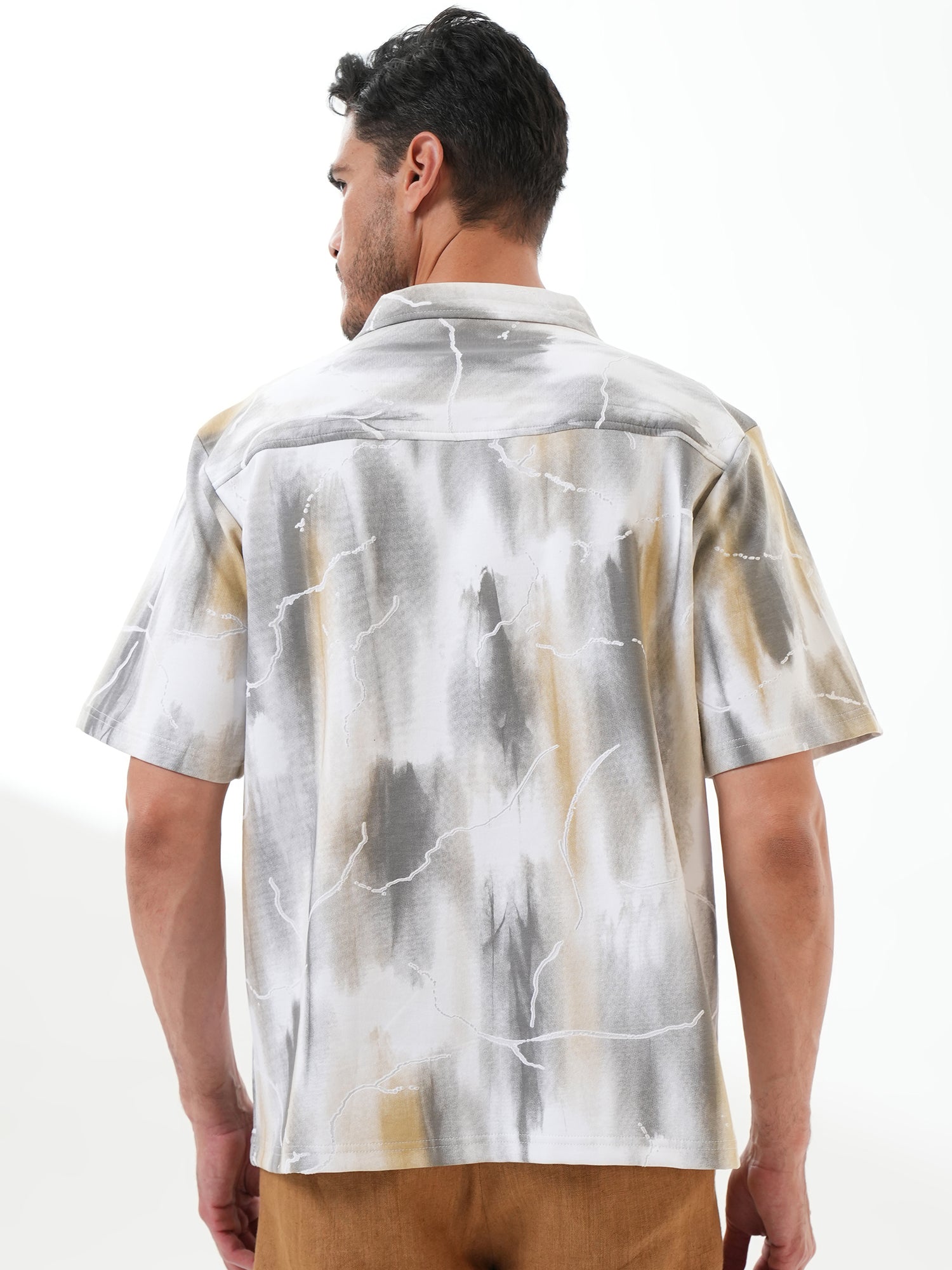 Men Self Design Printed Half Sleeve Shirt White Grey - Reprise