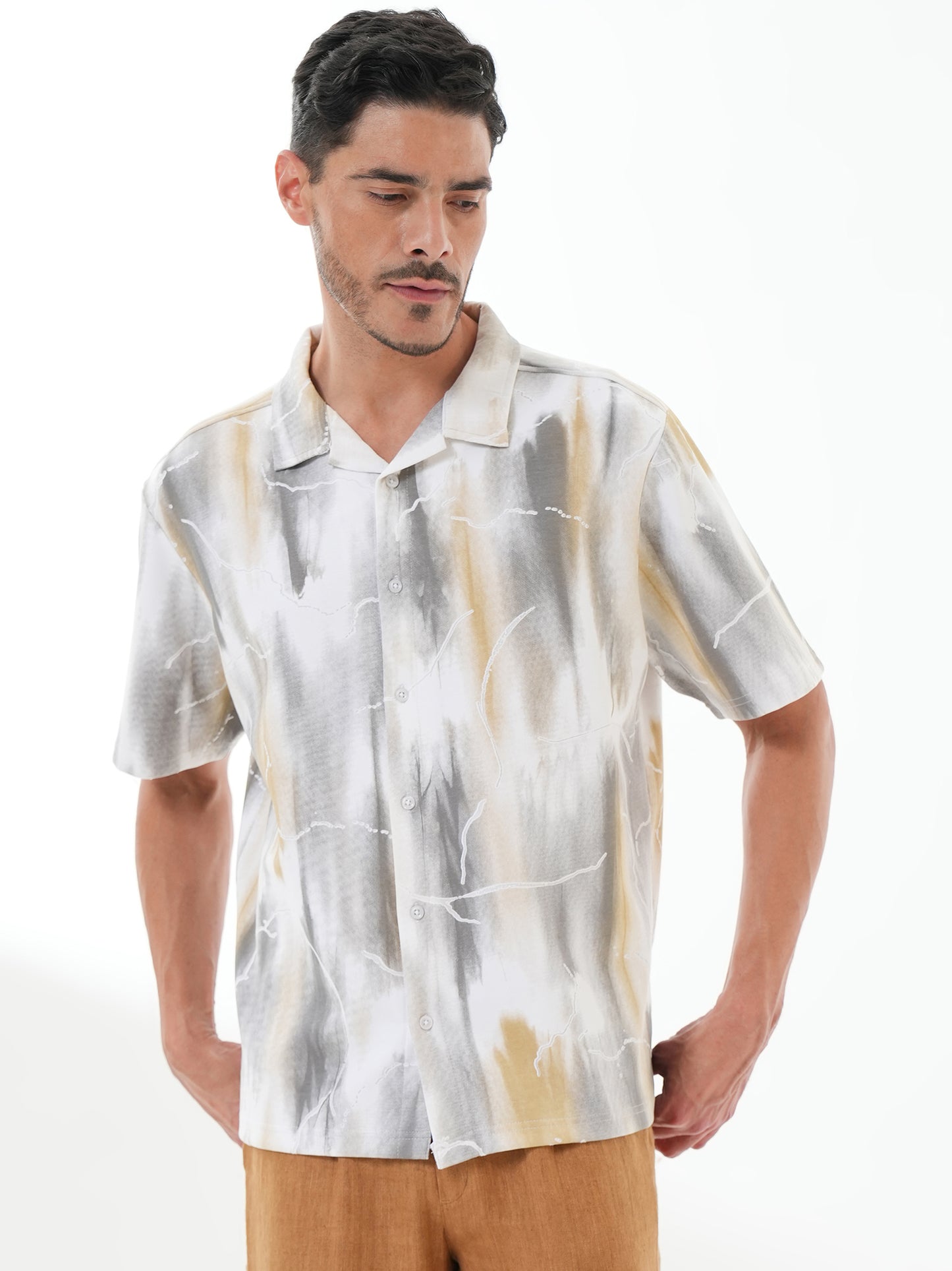 Men Self Design Printed Half Sleeve Shirt White Grey - Reprise
