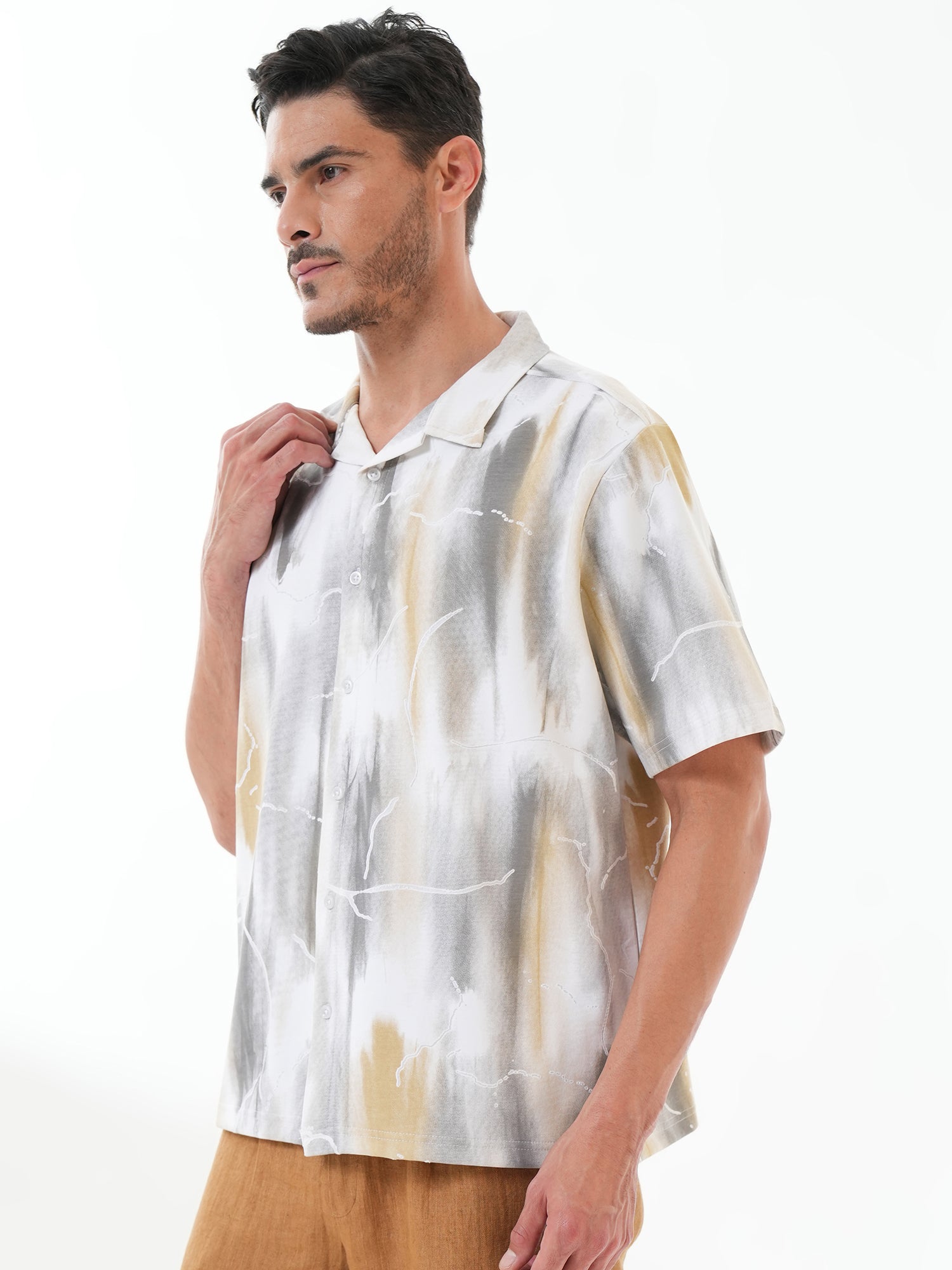 Men Self Design Printed Half Sleeve Shirt White Grey - Reprise