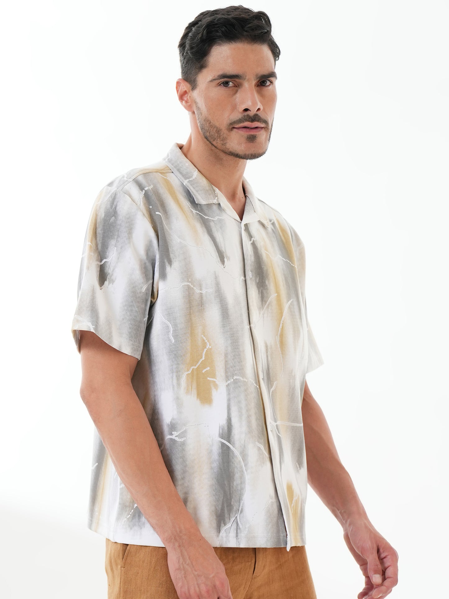Men Self Design Printed Half Sleeve Shirt White Grey - Reprise
