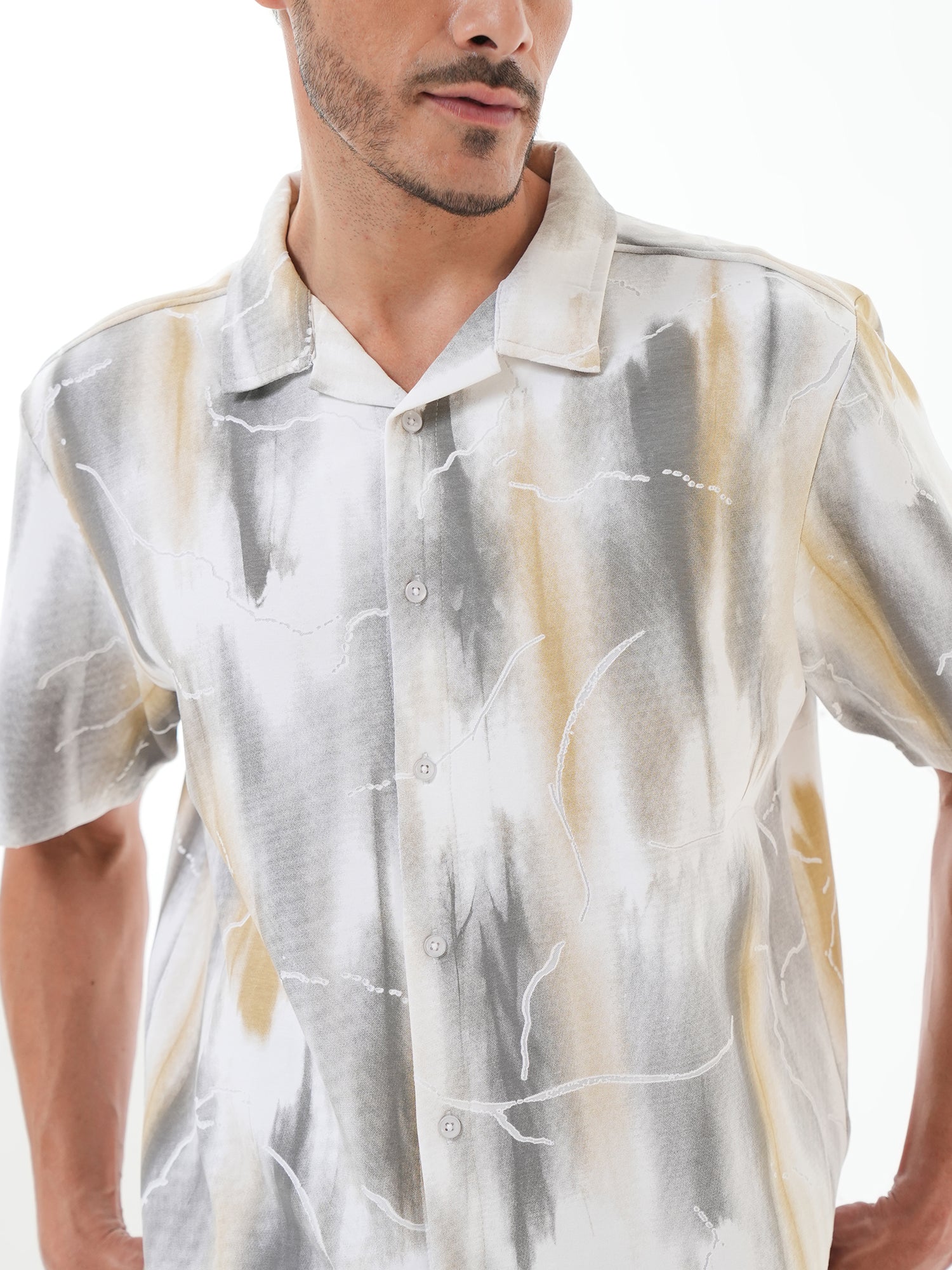 Men Self Design Printed Half Sleeve Shirt White Grey - Reprise