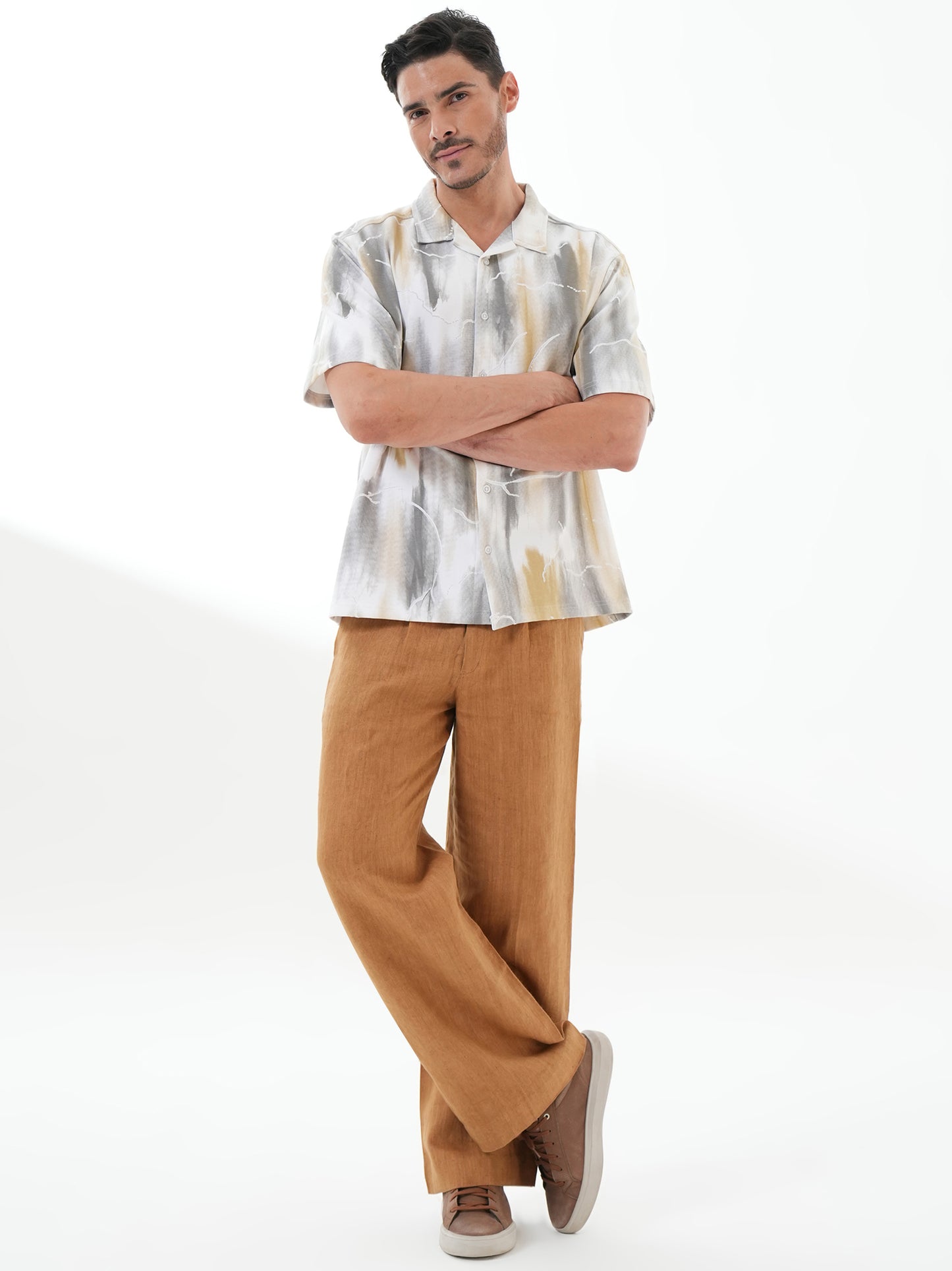 Men Self Design Printed Half Sleeve Shirt White Grey - Reprise